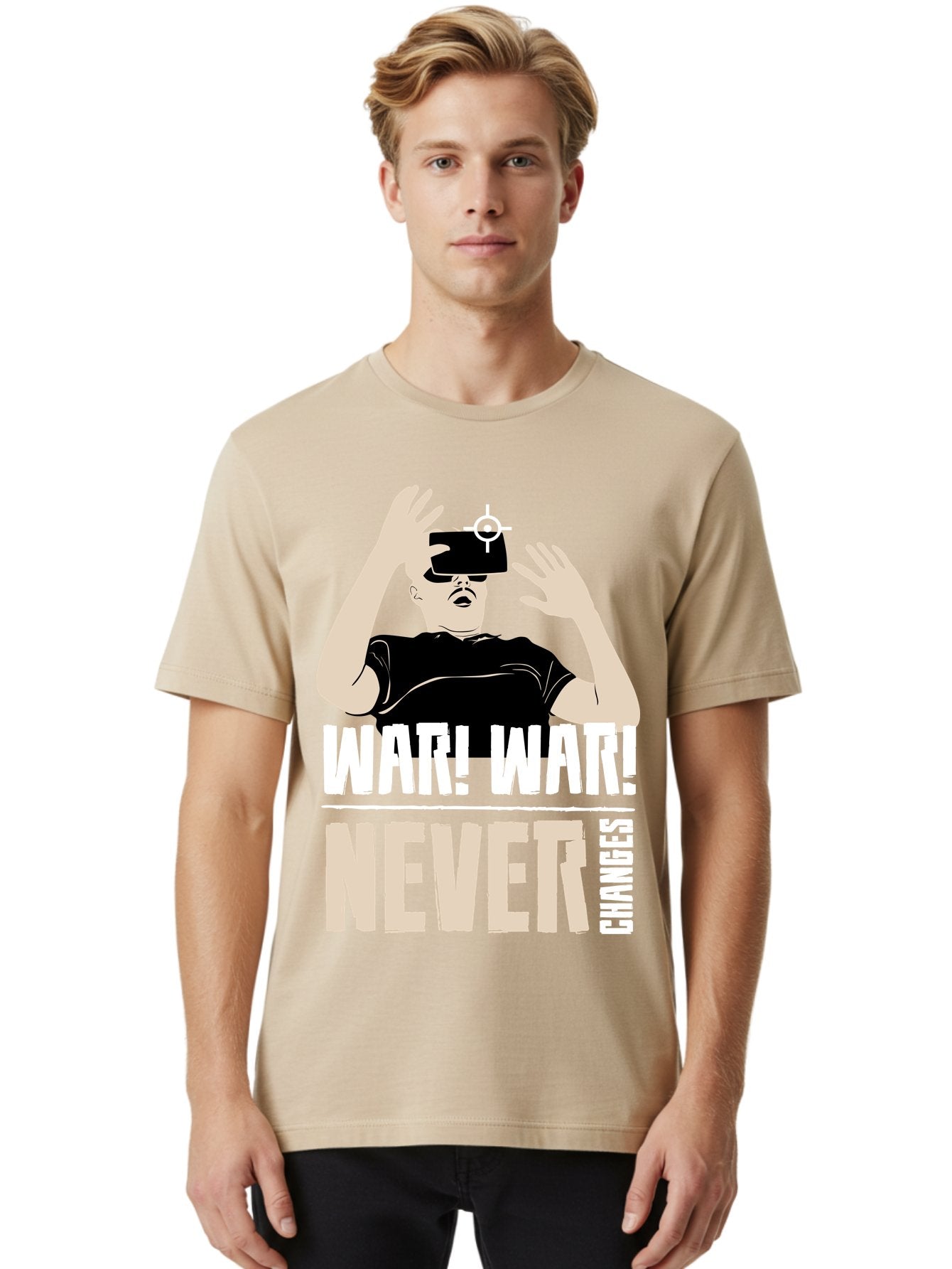 War-War-Never-Changes Men'S Graphic Tee, 100% Cotton, Comfortable Casual Summer Wear, Machine Washable, Man Wearing Vr Headset, Futuristic Technology, Gaming Experience, Immersive Reality, Bold Typography, Contrasting Colors, -  Aaa666 17