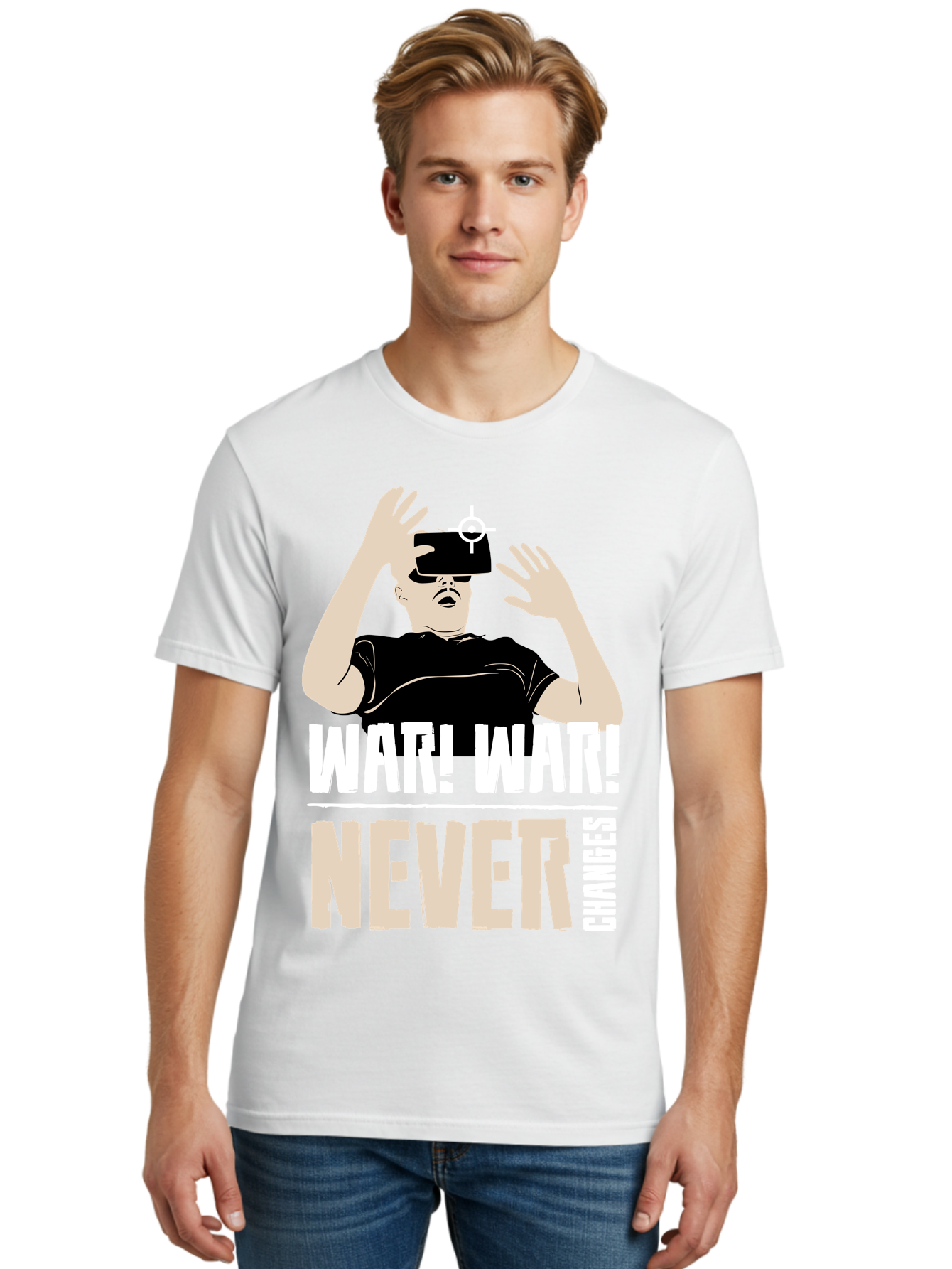 War-War-Never-Changes Men'S Graphic Tee, 100% Cotton, Comfortable Casual Summer Wear, Machine Washable, Man Wearing Vr Headset, Futuristic Technology, Gaming Experience, Immersive Reality, Bold Typography, Contrasting Colors, -  Aaa666 12