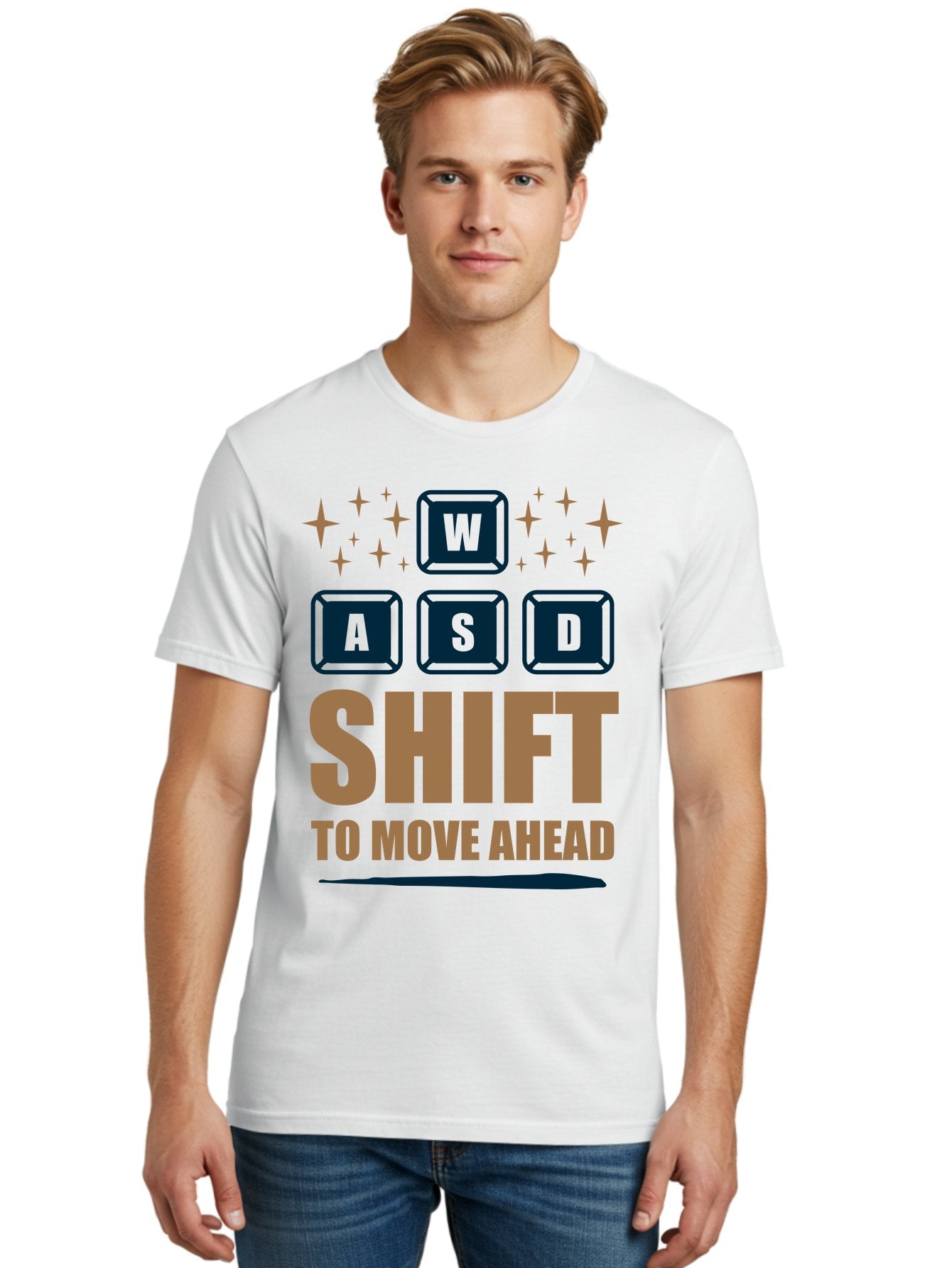 Wasd-Shift-To-Move-Ahead Men'S Graphic Tee, 100% Cotton, Comfortable Casual Summer Wear, Machine Washable, Gaming Keyboard Controls, Wasd Keys, Shift Key, Gaming Tips, Move Ahead, Progress, Gaming Movement, Keyboard Shortcuts, Gaming Advice -  Aaa667 23