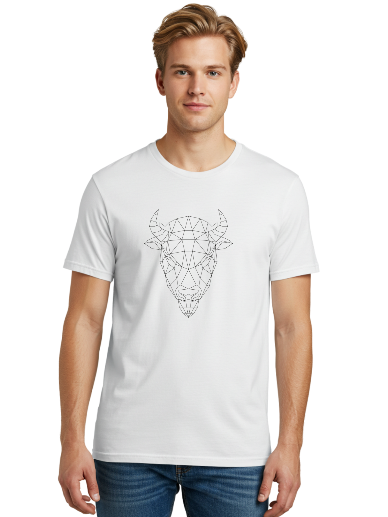Bull-Head-Geometric Men'S Graphic Tee, 100% Cotton, Comfortable Casual Summer Wear, Machine Washable, Geometric Bull Head, Low Poly Art, Modern Design, Abstract Animal, Minimalist Style, Sharp Lines, Angular Shapes -  Aaa674 30