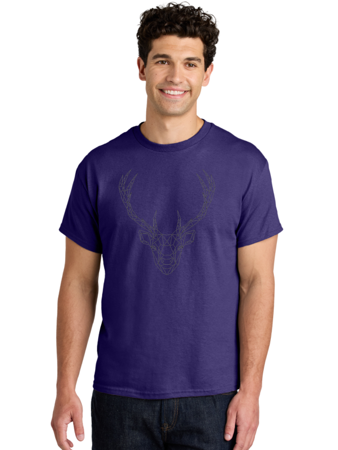 Deer-Head Men'S Graphic Tee, 100% Cotton, Comfortable Casual Summer Wear, Machine Washable, Geometric Deer Head, Wireframe Art, Low Poly Design, Minimalist Style, Abstract Animal, Modern Illustration, Deer Silhouette, Polygonal Art, -  Aaa677 22