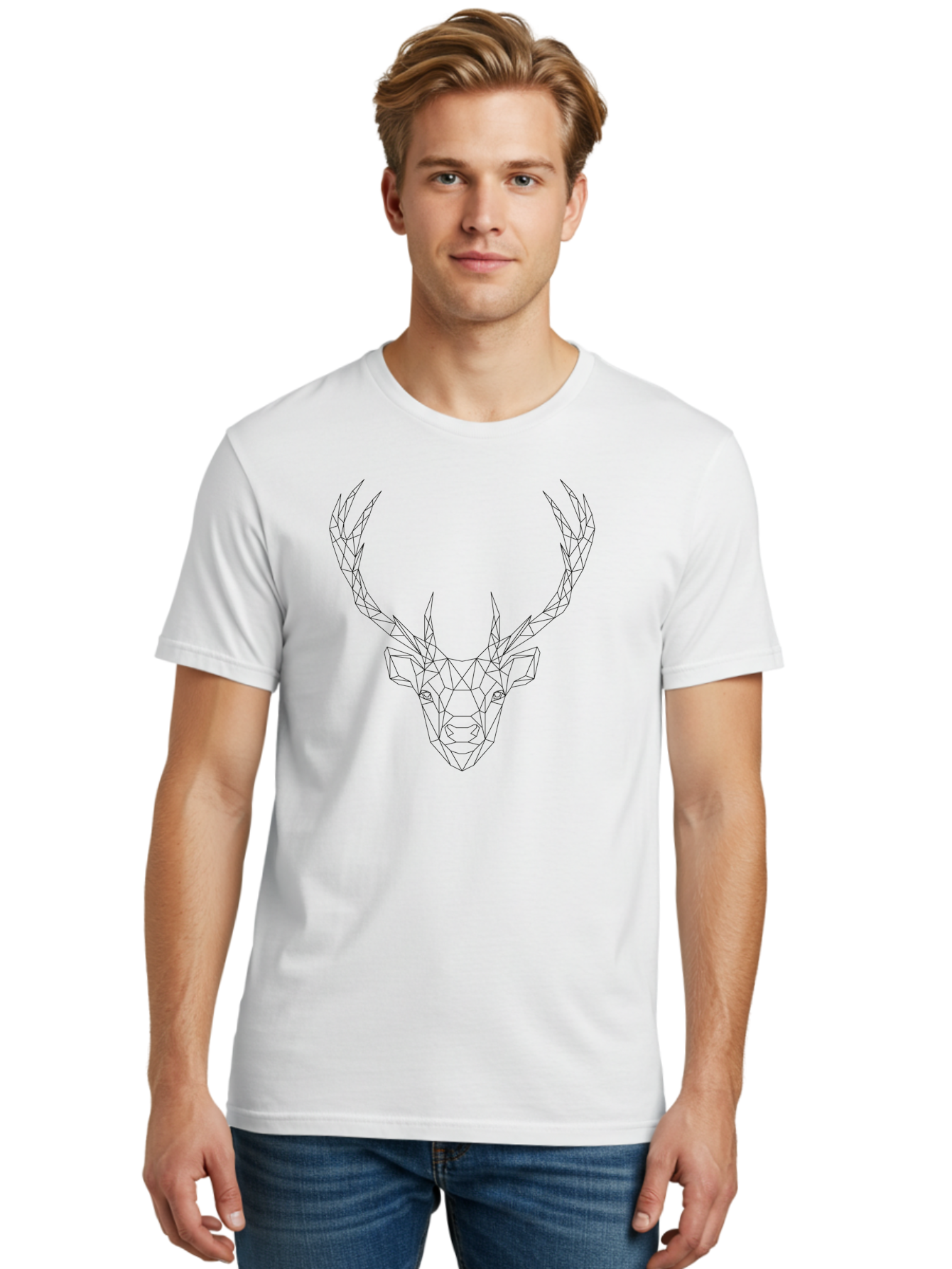 Deer-Head Men'S Graphic Tee, 100% Cotton, Comfortable Casual Summer Wear, Machine Washable, Geometric Deer Head, Wireframe Art, Low Poly Design, Minimalist Style, Abstract Animal, Modern Illustration, Deer Silhouette, Polygonal Art, -  Aaa677 30