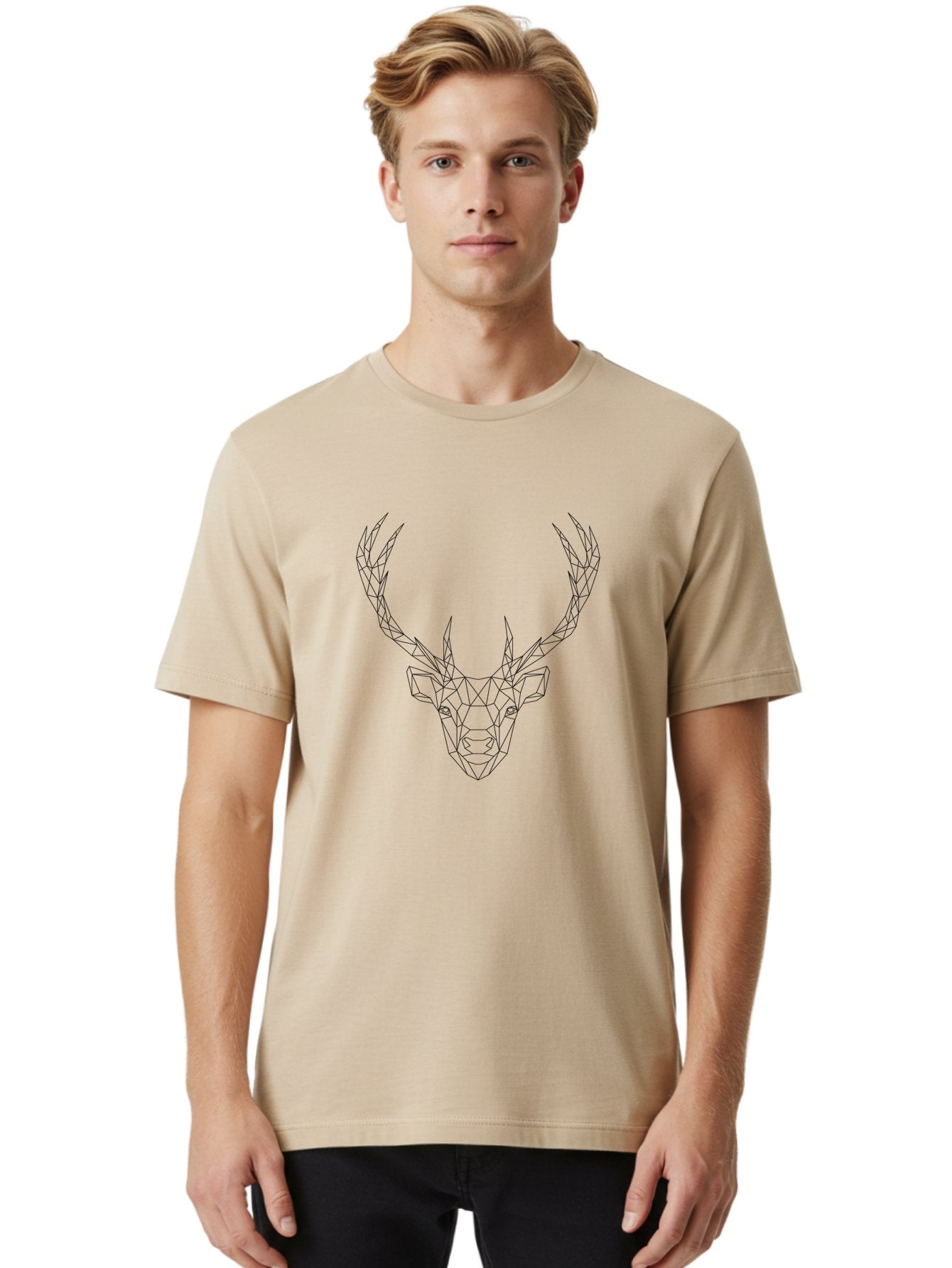Geometric-Deer-Head Men'S Graphic Tee, 100% Cotton, Comfortable Casual Summer Wear, Machine Washable, Geometric Deer Head, Polygonal Art, Minimalist Design, Black And White Illustration, Wildlife Art, Abstract Animal Portrait, -  Aaa693 26