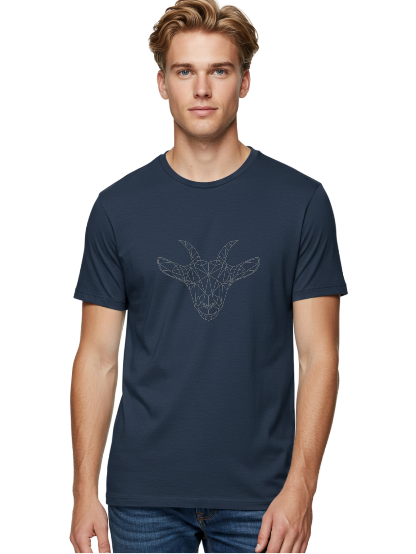 Geometric-Goat-Head Men'S Graphic Tee, 100% Cotton, Comfortable Casual Summer Wear, Machine Washable, Geometric Goat, Polygonal Art, Minimalist Design, Wireframe Goat, Modern Illustration, Abstract Animal Art, Low Poly Goat Head, -  Aaa700 20