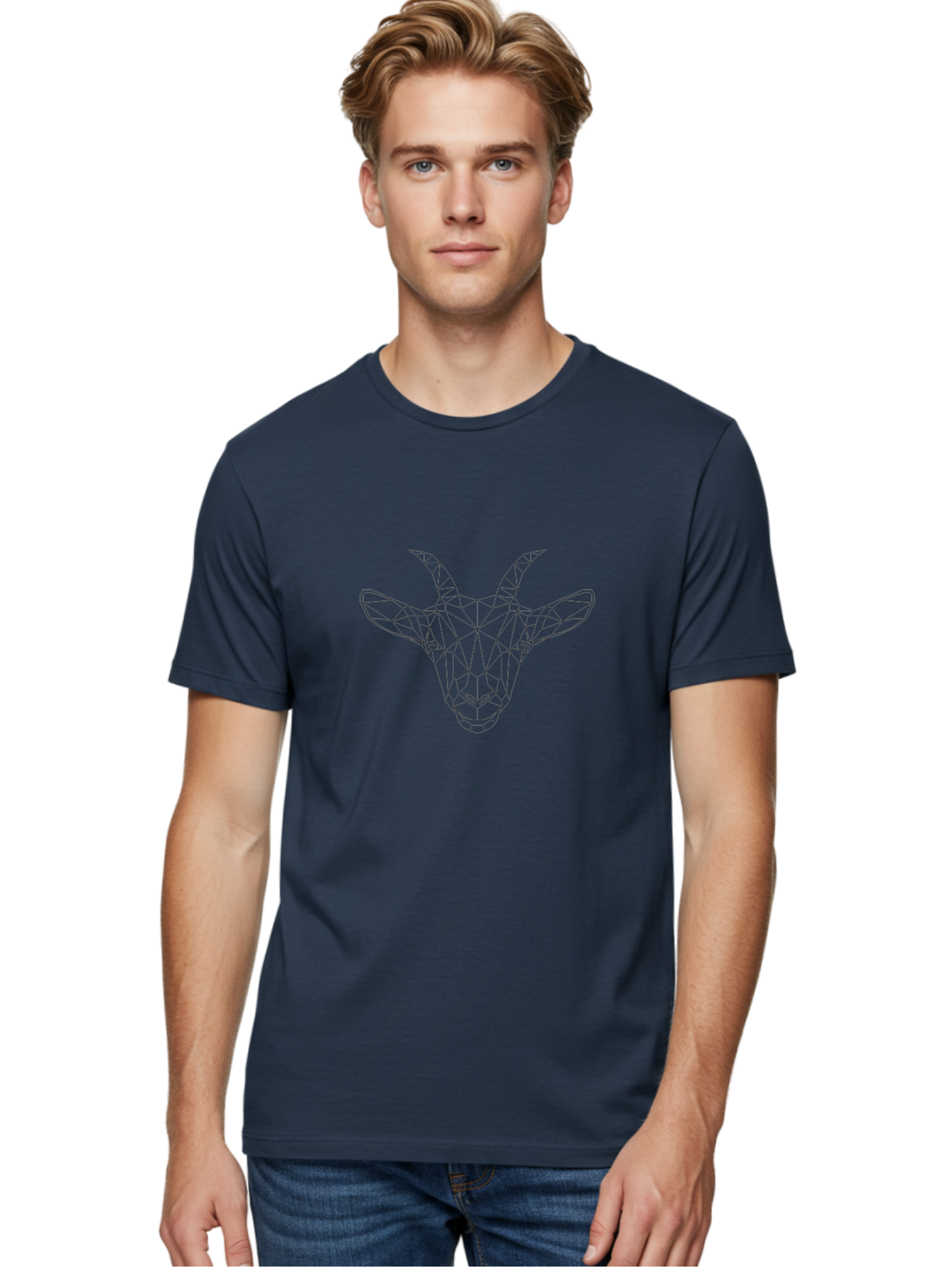 Goat-Head Men'S Graphic Tee, 100% Cotton, Comfortable Casual Summer Wear, Machine Washable, Geometric Goat Head, Polygonal Art, Wireframe Design, Abstract Animal, Modern Illustration, Futuristic Style, Minimalist Graphics, Digital Art -  Aaa720 20