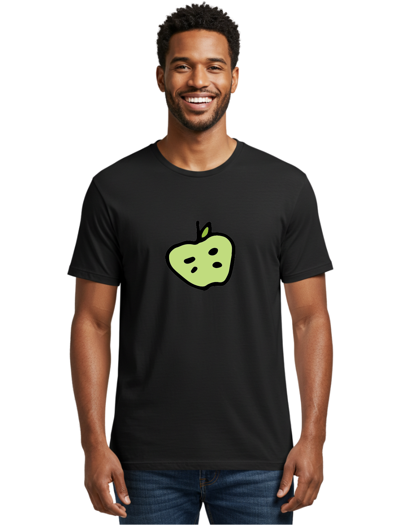 Apple Men'S Graphic Tee, 100% Cotton, Comfortable Casual Summer Wear, Machine Washable, Cartoon Apple, Simple Illustration, Green Apple, Black Outline, Leafy Stem, Seeded Fruit, Digital Art, Cute Design -  Aaa740 10