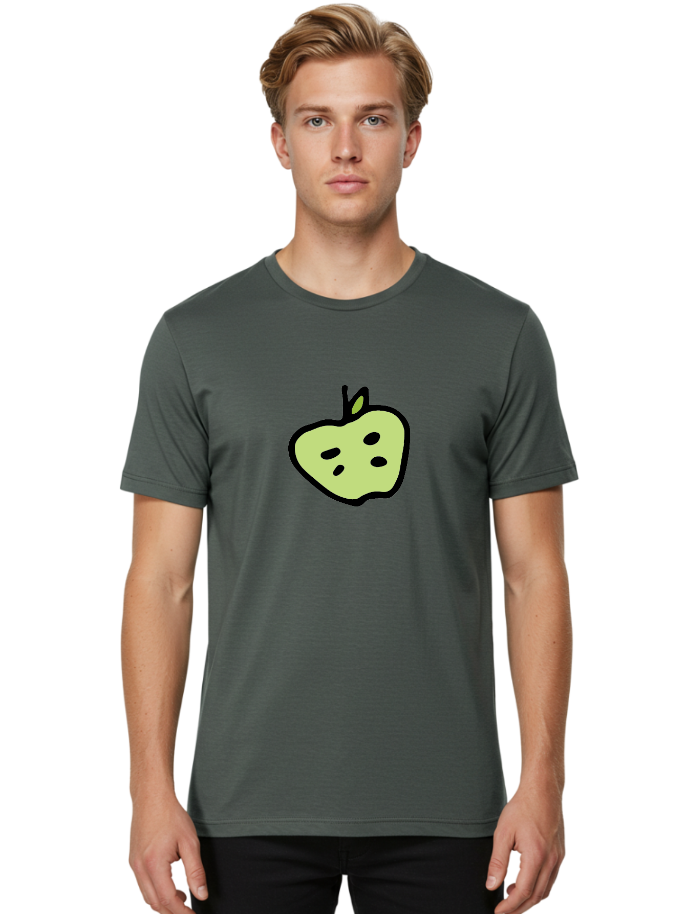 Apple Men'S Graphic Tee, 100% Cotton, Comfortable Casual Summer Wear, Machine Washable, Cartoon Apple, Simple Illustration, Green Apple, Black Outline, Leafy Stem, Seeded Fruit, Digital Art, Cute Design -  Aaa740