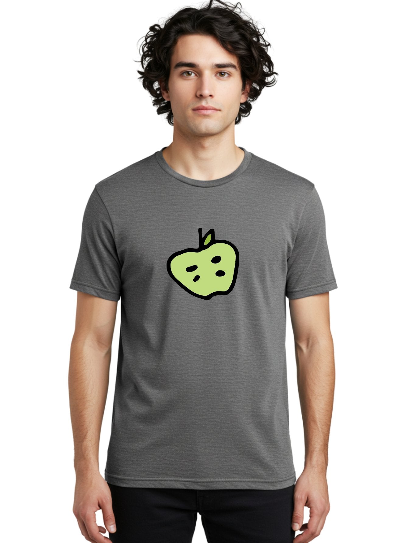 Apple Men'S Graphic Tee, 100% Cotton, Comfortable Casual Summer Wear, Machine Washable, Cartoon Apple, Simple Illustration, Green Apple, Black Outline, Leafy Stem, Seeded Fruit, Digital Art, Cute Design -  Aaa740 27