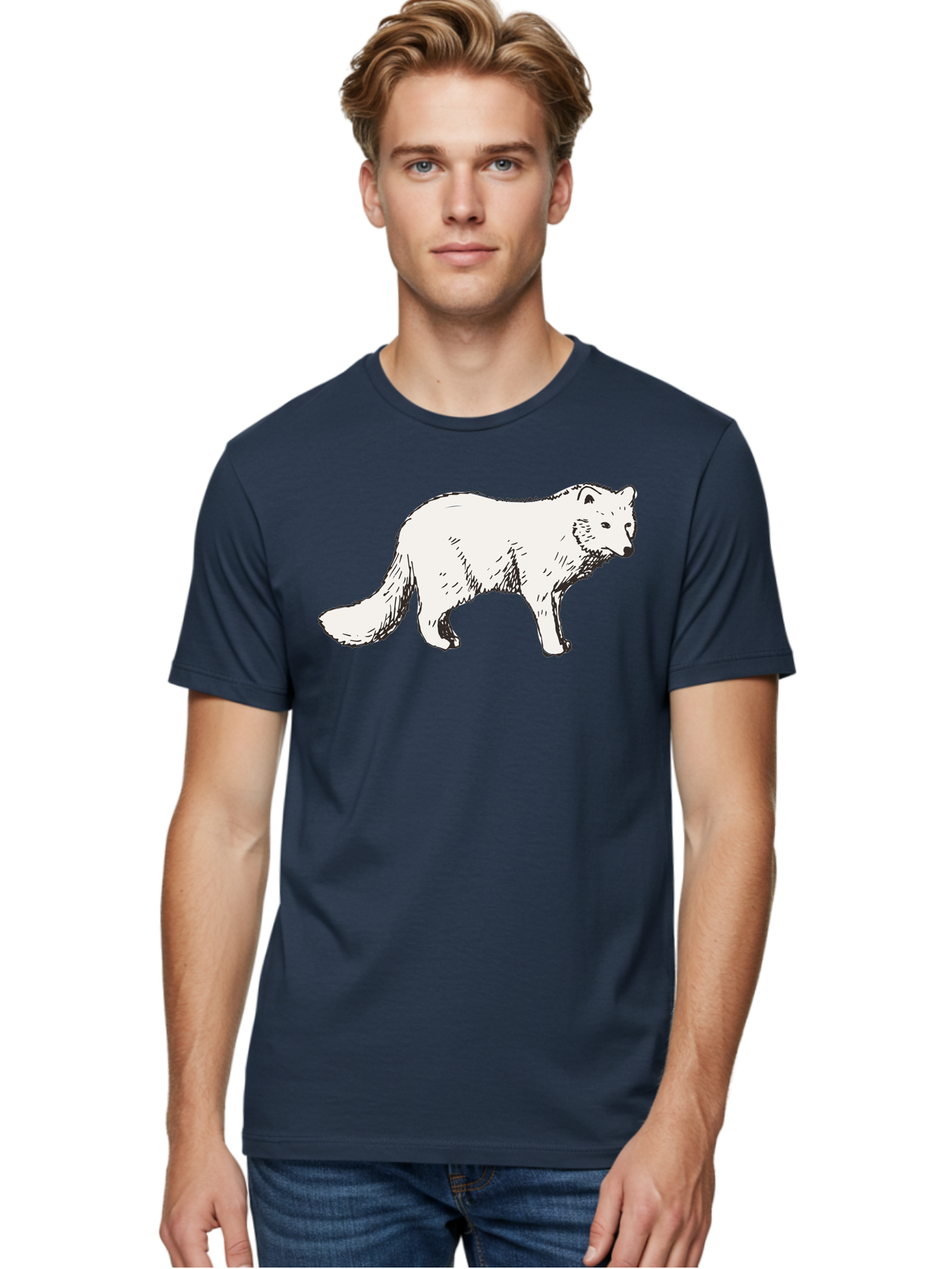 Arctic-Fox Men'S Graphic Tee, 100% Cotton, Comfortable Casual Summer Wear, Machine Washable, Arctic Fox, White Fur, Wild Animal, Wildlife Illustration, Cartoon Style, Simple Lines, Hand-Drawn, Furry Texture, Animal Portrait -  Aaa741