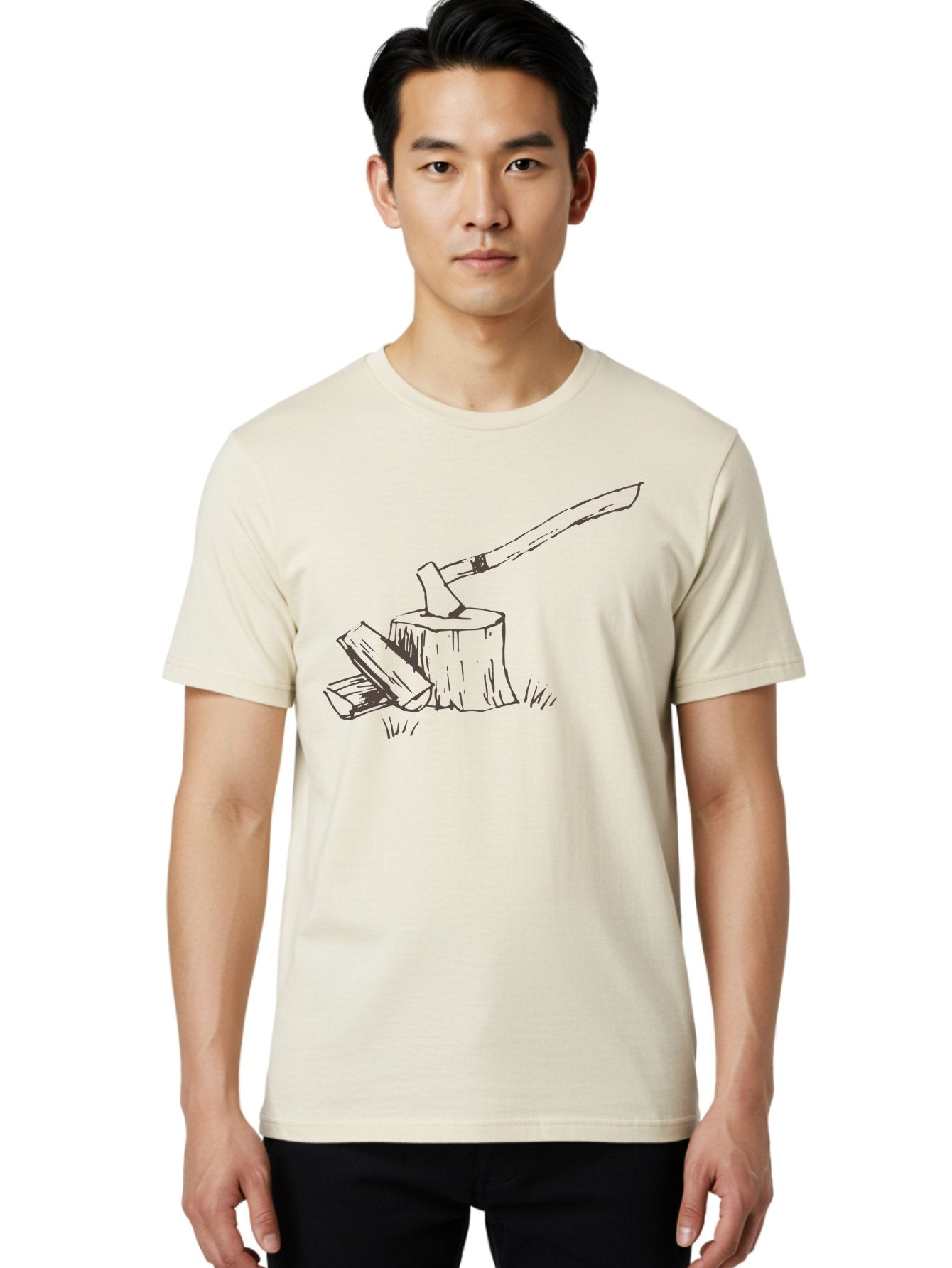 Axe-Chopping-Wood Men'S Graphic Tee, 100% Cotton, Comfortable Casual Summer Wear, Machine Washable, Axe On Chopping Block, Chopping Wood, Log Splitting, Firewood Preparation, Rustic Tools, Outdoor Activity, Axe Handle, Wooden Stump -  Aaa749 20