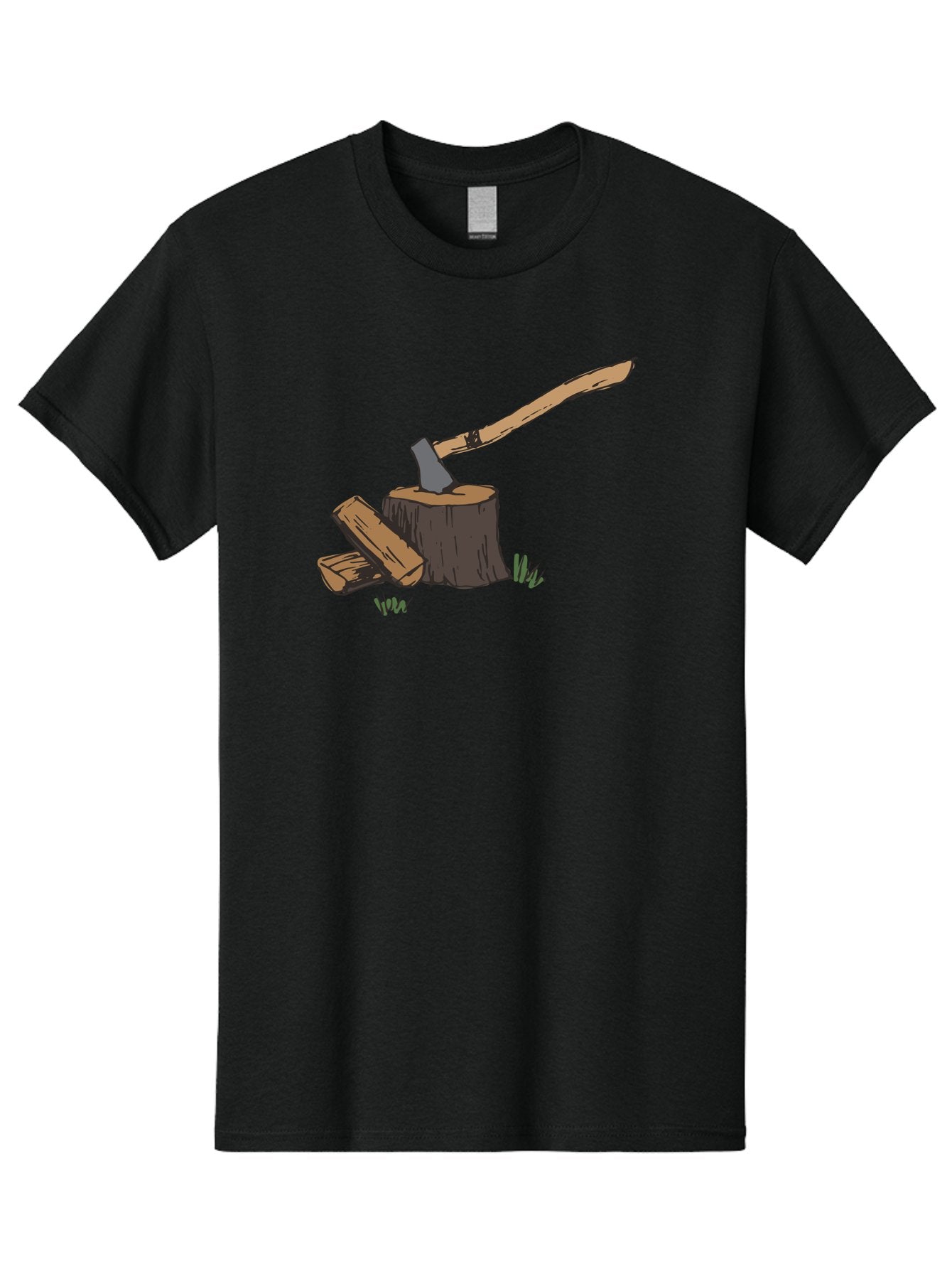 Axe-In-Stump Men'S Graphic Tee, 100% Cotton, Comfortable Casual Summer Wear, Machine Washable, Axe Stuck In Tree Stump, Chopped Wood, Outdoor Activity, Lumberjack Work, Forest Scenery, Wooden Handle, Grassy Surroundings -  Aaa750