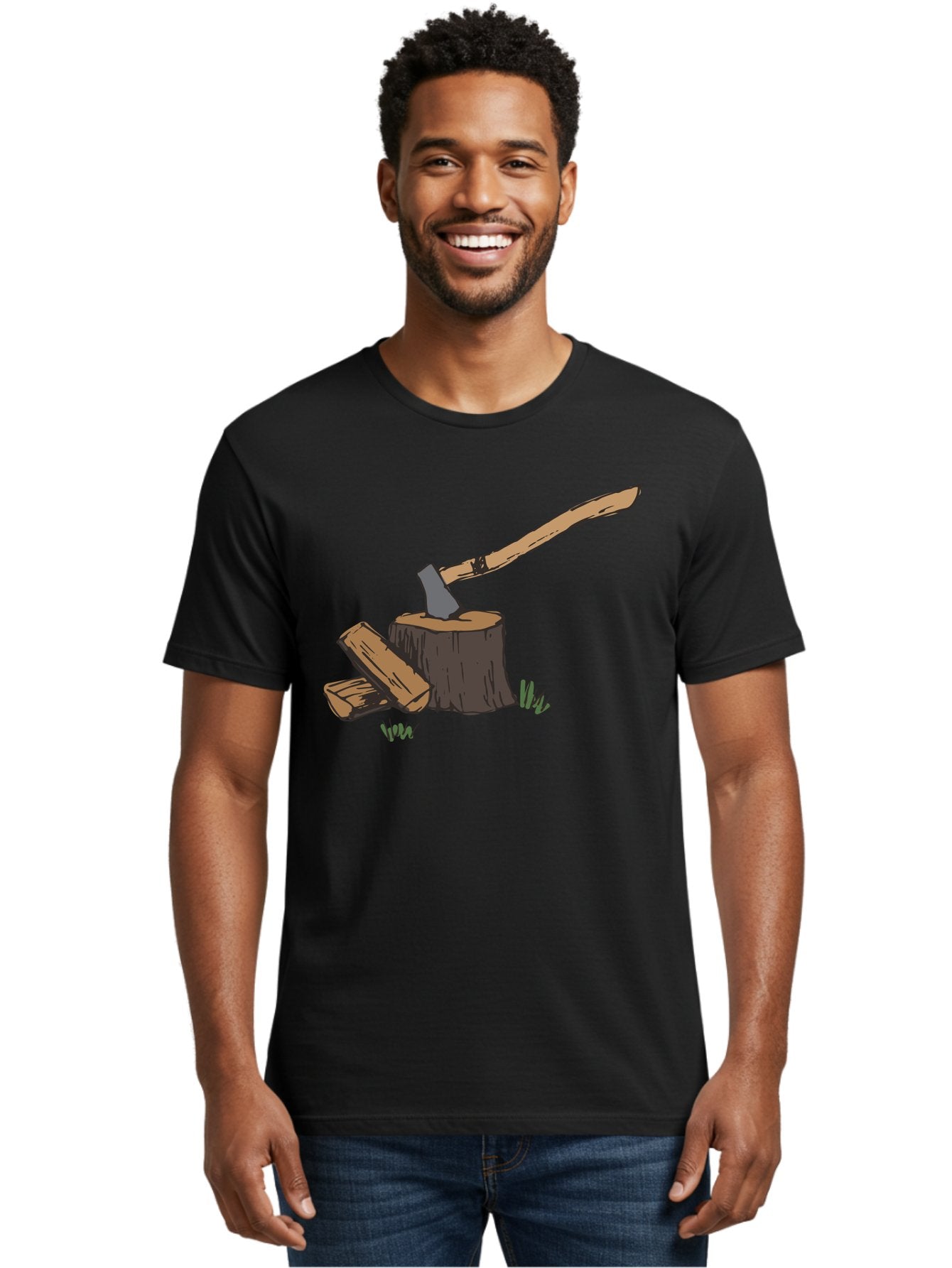 Axe-In-Stump Men'S Graphic Tee, 100% Cotton, Comfortable Casual Summer Wear, Machine Washable, Axe Stuck In Tree Stump, Chopped Wood, Outdoor Activity, Lumberjack Work, Forest Scenery, Wooden Handle, Grassy Surroundings -  Aaa750 21