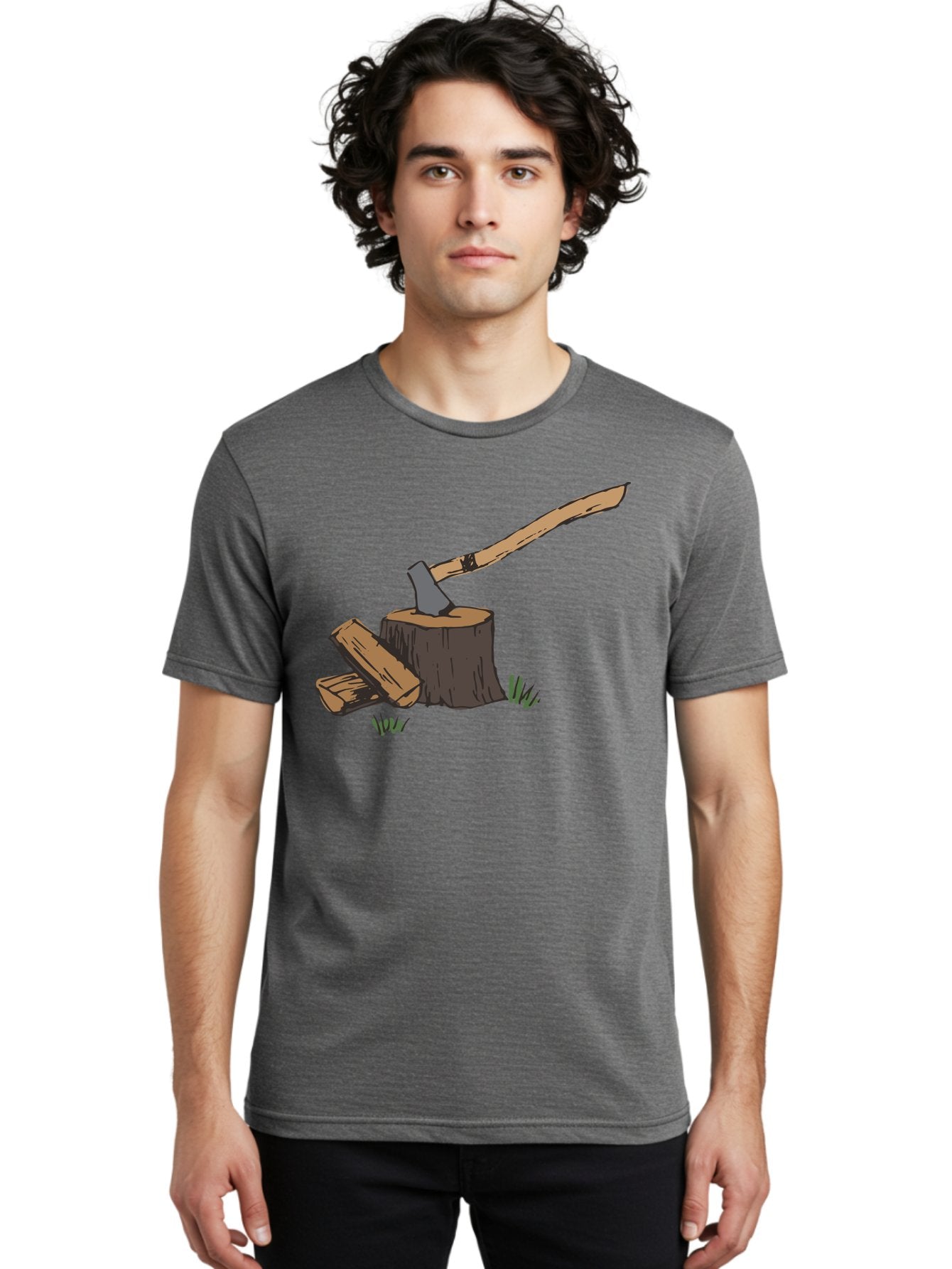 Axe-In-Stump Men'S Graphic Tee, 100% Cotton, Comfortable Casual Summer Wear, Machine Washable, Axe Stuck In Tree Stump, Chopped Wood, Outdoor Activity, Lumberjack Work, Forest Scenery, Wooden Handle, Grassy Surroundings -  Aaa750 18