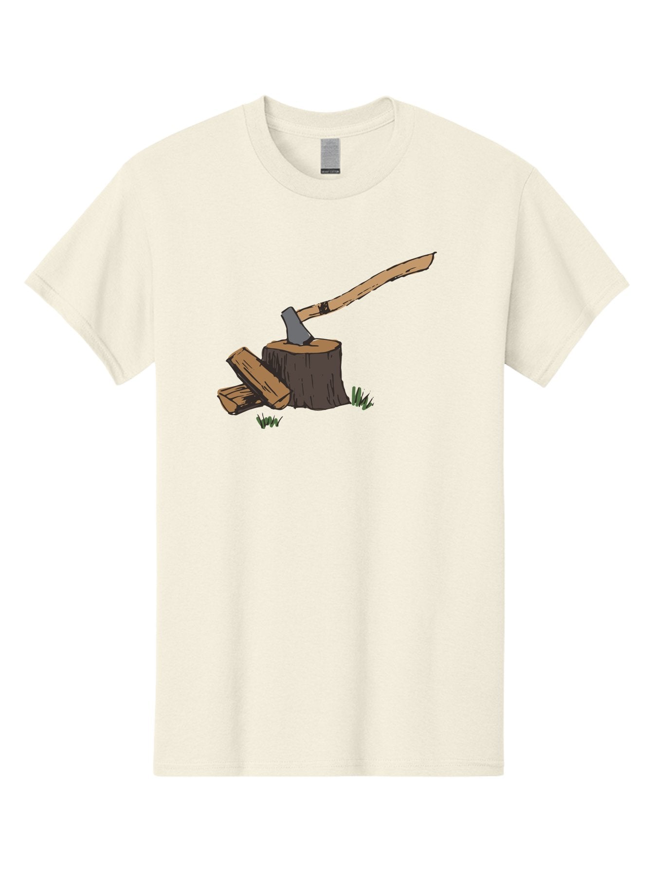 Axe-In-Stump Men'S Graphic Tee, 100% Cotton, Comfortable Casual Summer Wear, Machine Washable, Axe Stuck In Tree Stump, Chopped Wood, Outdoor Activity, Lumberjack Work, Forest Scenery, Wooden Handle, Grassy Surroundings -  Aaa750