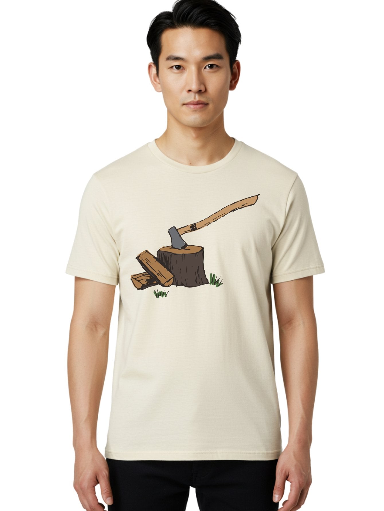 Axe-In-Stump Men'S Graphic Tee, 100% Cotton, Comfortable Casual Summer Wear, Machine Washable, Axe Stuck In Tree Stump, Chopped Wood, Outdoor Activity, Lumberjack Work, Forest Scenery, Wooden Handle, Grassy Surroundings -  Aaa750 19