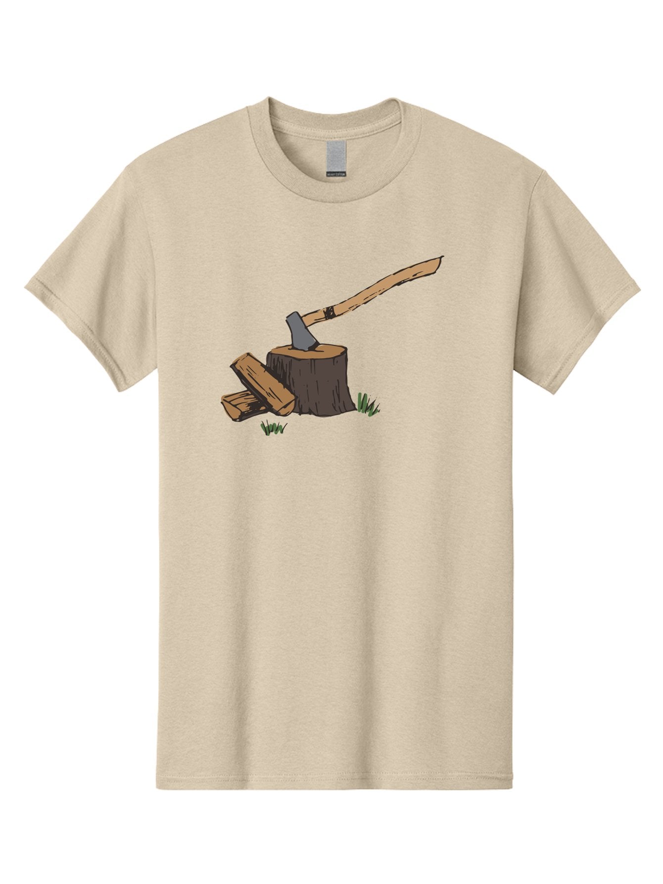 Axe-In-Stump Men'S Graphic Tee, 100% Cotton, Comfortable Casual Summer Wear, Machine Washable, Axe Stuck In Tree Stump, Chopped Wood, Outdoor Activity, Lumberjack Work, Forest Scenery, Wooden Handle, Grassy Surroundings -  Aaa750 11