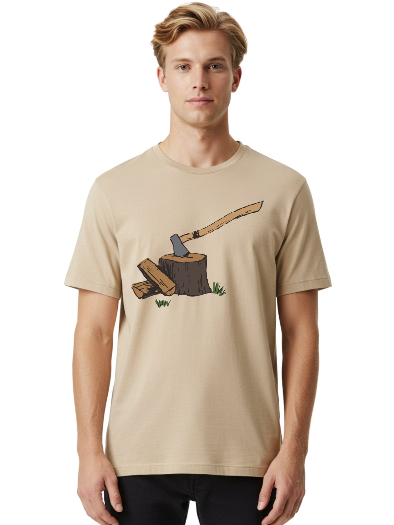 Axe-In-Stump Men'S Graphic Tee, 100% Cotton, Comfortable Casual Summer Wear, Machine Washable, Axe Stuck In Tree Stump, Chopped Wood, Outdoor Activity, Lumberjack Work, Forest Scenery, Wooden Handle, Grassy Surroundings -  Aaa750 27