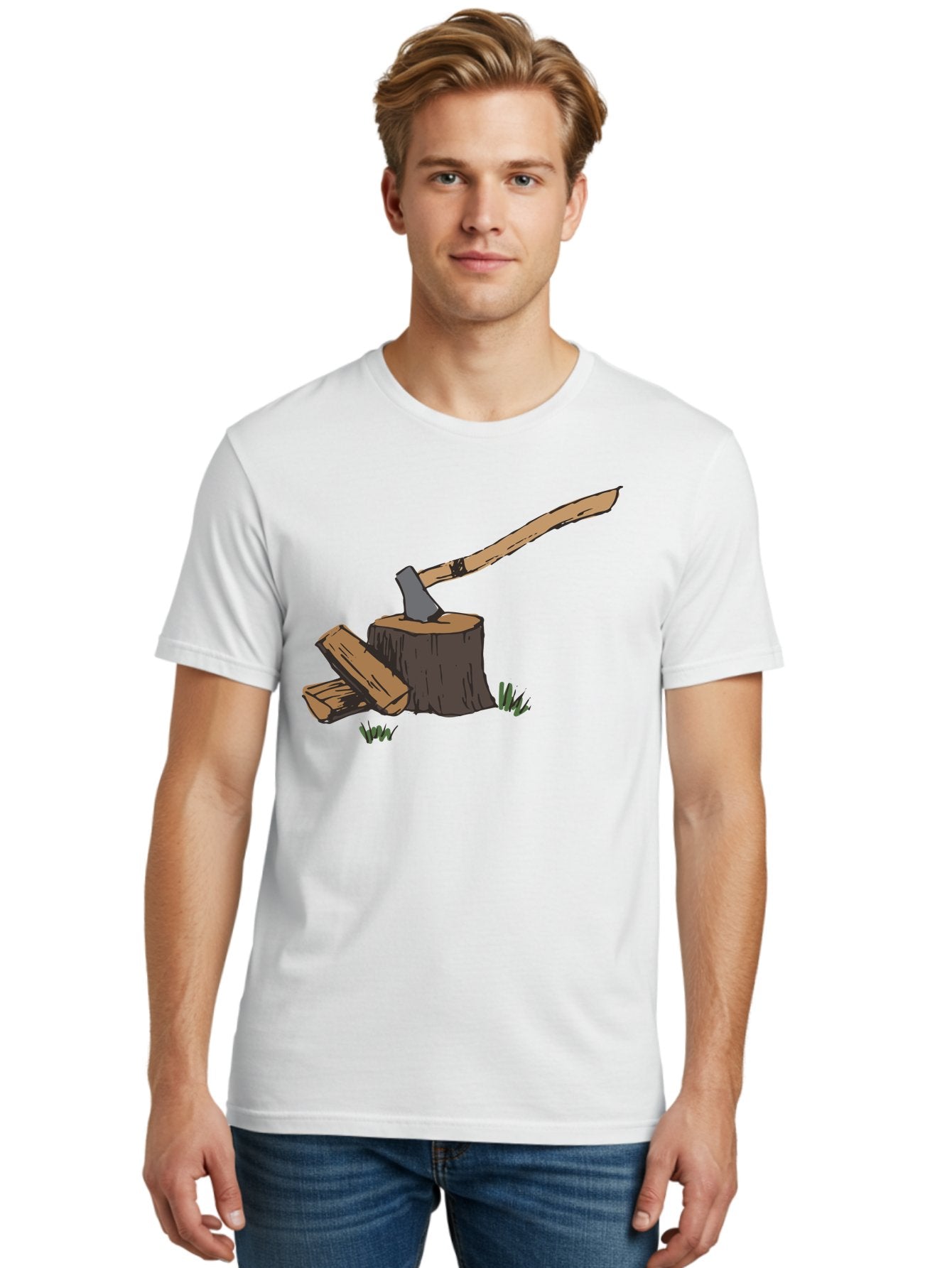 Axe-In-Stump Men'S Graphic Tee, 100% Cotton, Comfortable Casual Summer Wear, Machine Washable, Axe Stuck In Tree Stump, Chopped Wood, Outdoor Activity, Lumberjack Work, Forest Scenery, Wooden Handle, Grassy Surroundings -  Aaa750 26