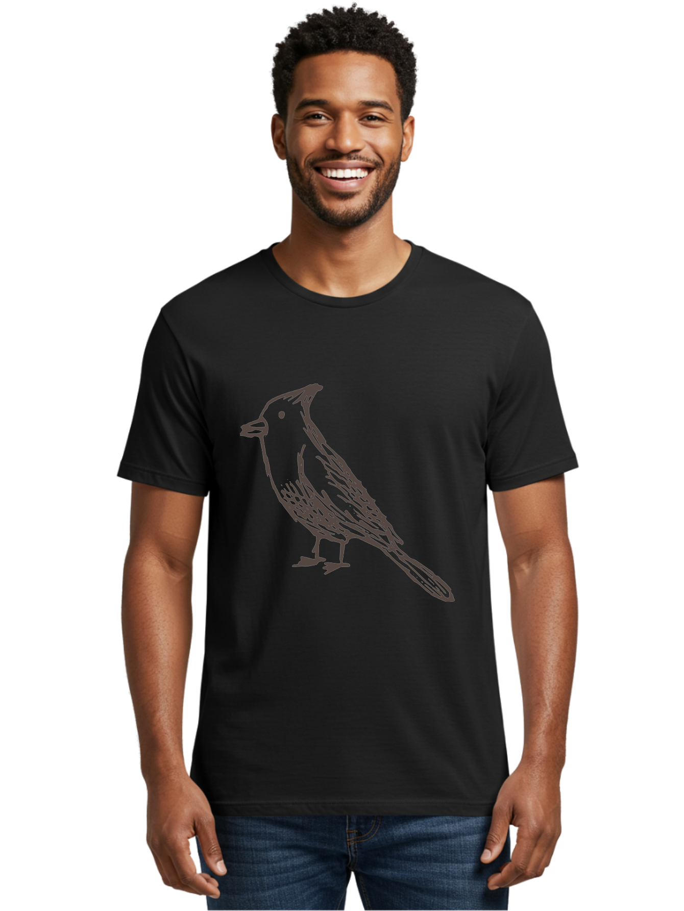 Black-Bird Men'S Graphic Tee, 100% Cotton, Comfortable Casual Summer Wear, Machine Washable, Simple Line Drawing, Bird Silhouette, Wildlife Art, Minimalist Design, Feathered Friend, Songbird -  Aaa758