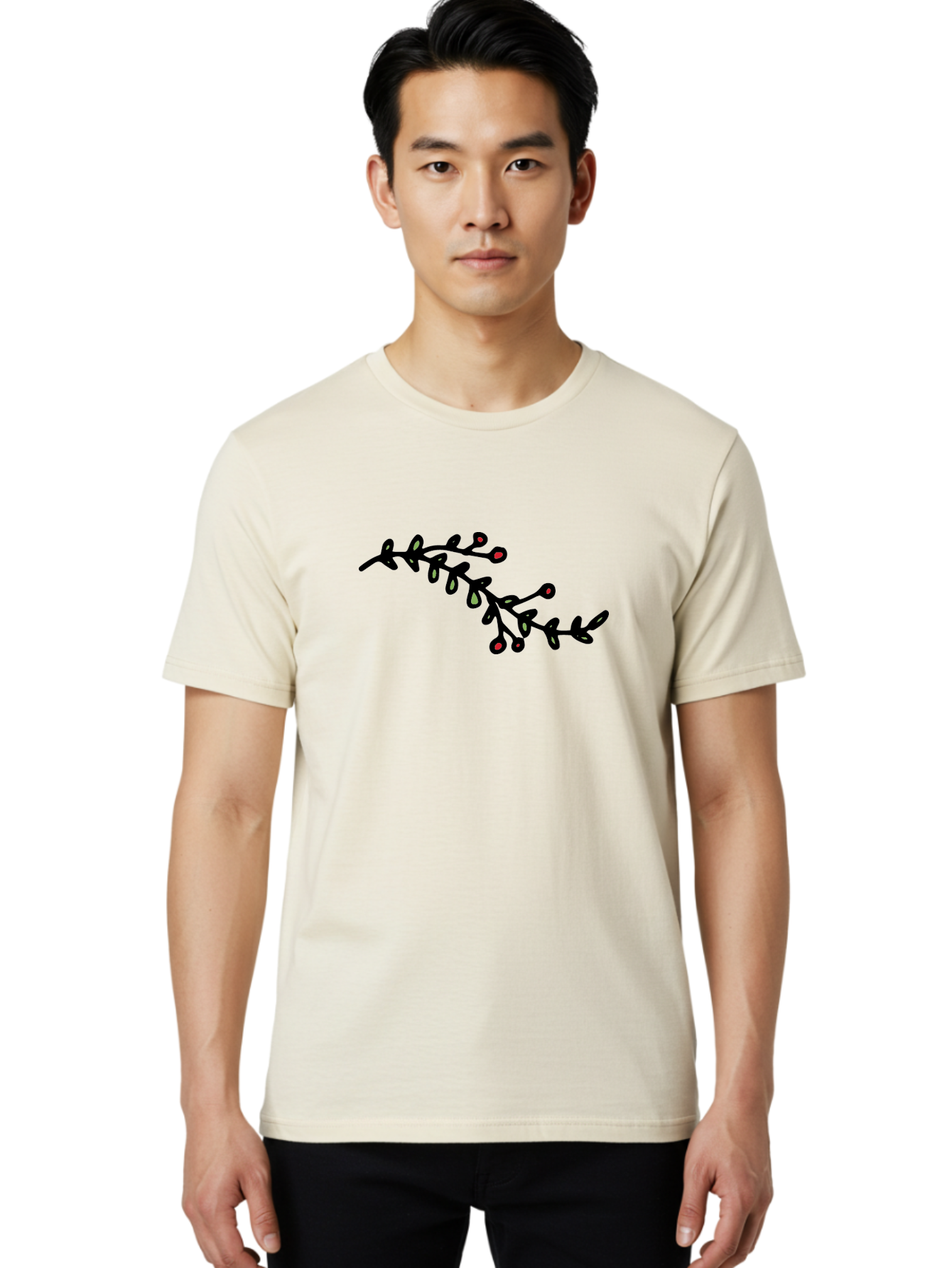 Black-Stem-With-Red-Berries Men'S Graphic Tee, 100% Cotton, Comfortable Casual Summer Wear, Machine Washable, Black Stem, Winter Berries, Red Berries, Minimalist Design, Simple Artwork, Abstract Illustration, Botanical Elements, -  Aaa763 18