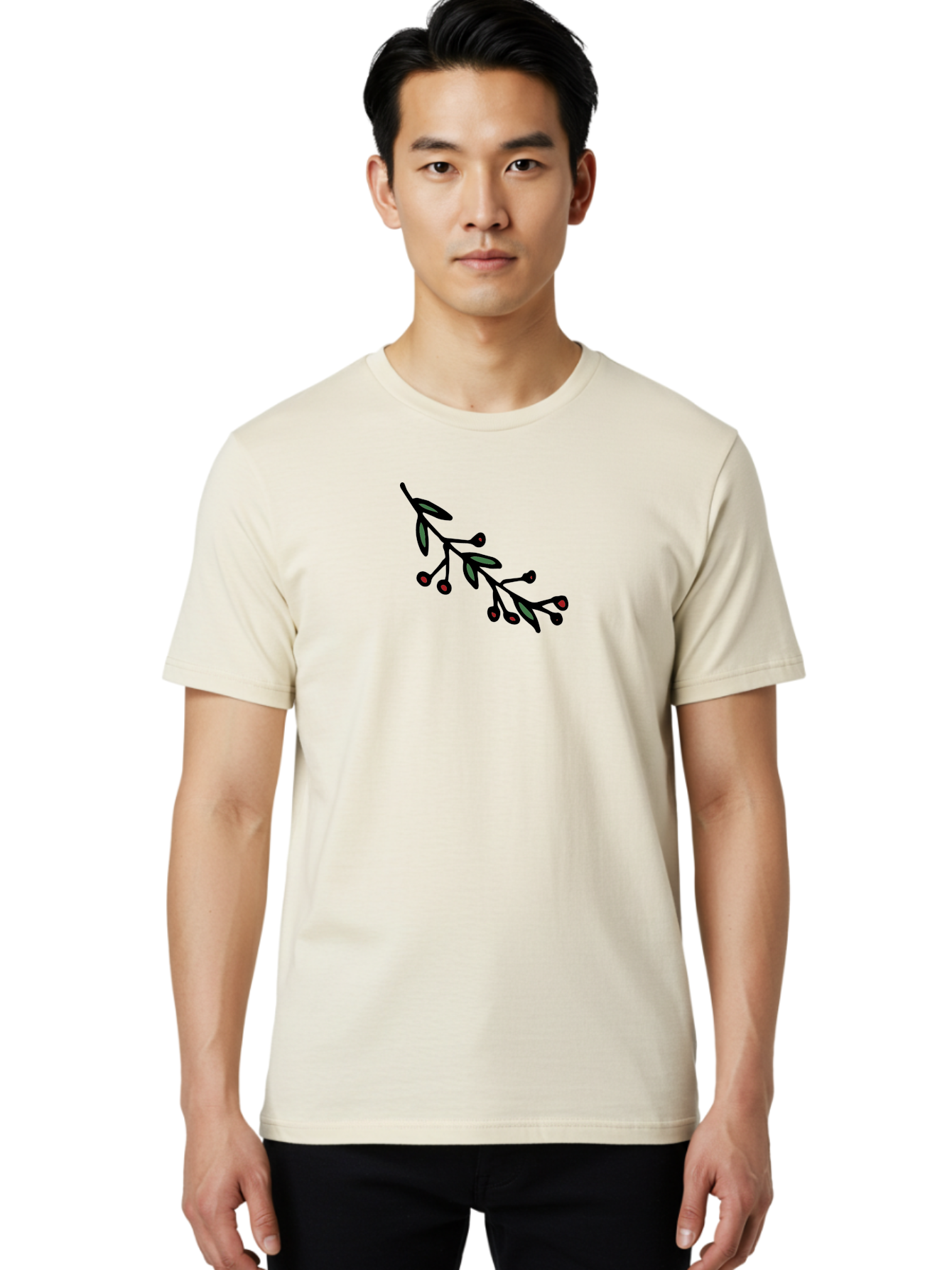 Branch-With-Berries Men'S Graphic Tee, 100% Cotton, Comfortable Casual Summer Wear, Machine Washable, Olive Branch, Cartoon Illustration, Red Berries, Black Stems, Green Leaves, Simple Design, Minimalist Art, Symbolic Imagery, Peace Symbol -  Aaa772 18