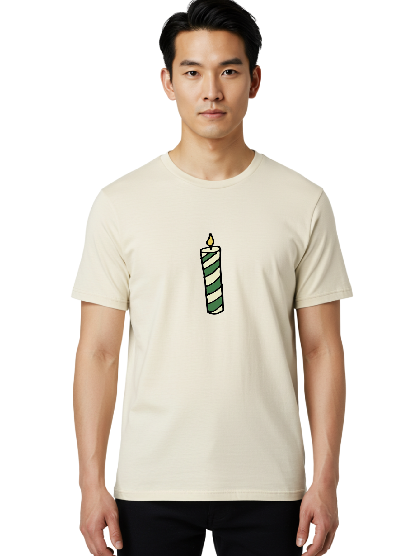 Candle-1 Men'S Graphic Tee, 100% Cotton, Comfortable Casual Summer Wear, Machine Washable, Striped Candle, Lit Candle, Decorative Candle, Green And White Stripes, Black Outline, Warm Lighting, Cozy Ambiance, Relaxation, Ambiance, -  Aaa774 18