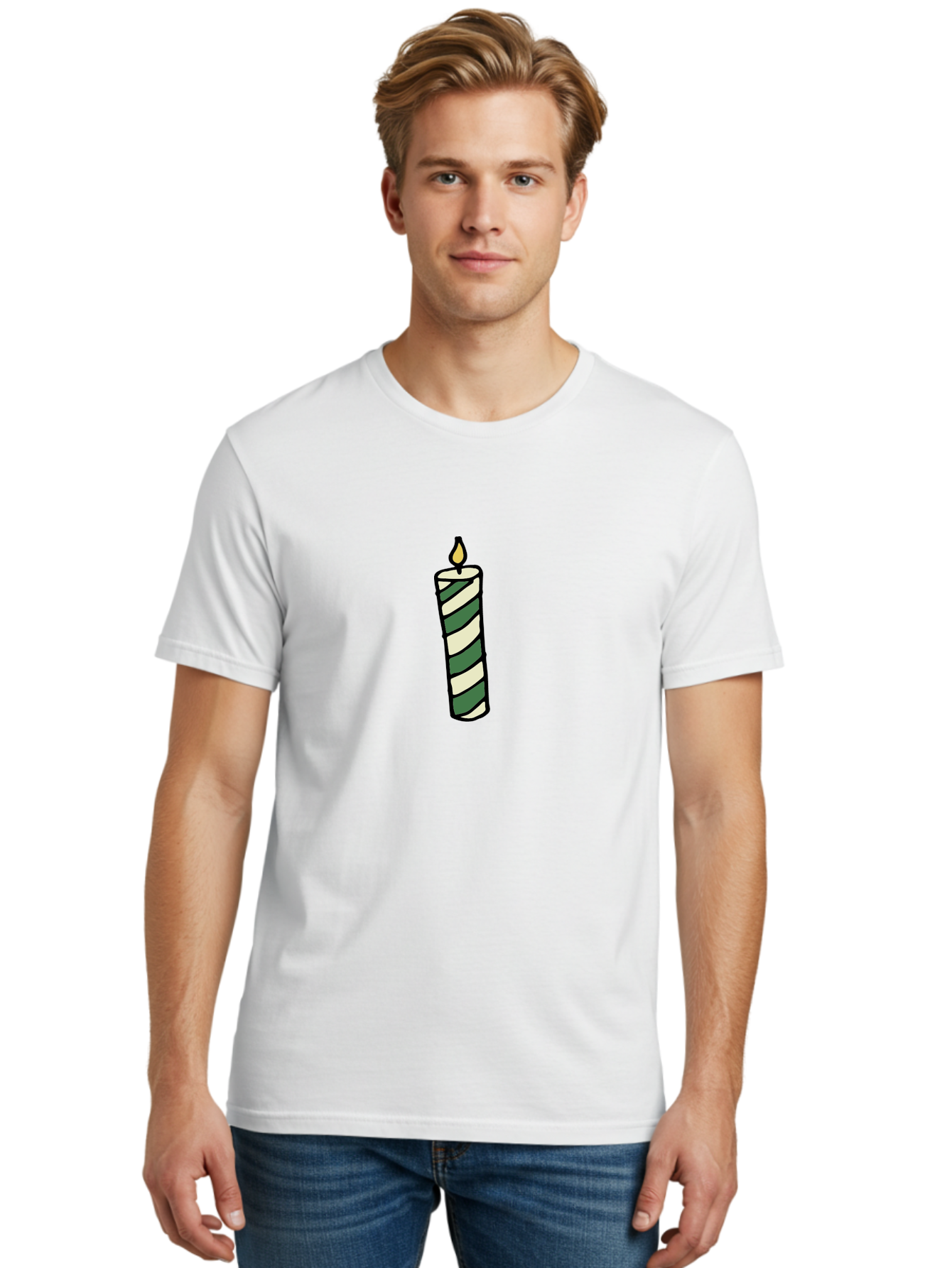 Candle-1 Men'S Graphic Tee, 100% Cotton, Comfortable Casual Summer Wear, Machine Washable, Striped Candle, Lit Candle, Decorative Candle, Green And White Stripes, Black Outline, Warm Lighting, Cozy Ambiance, Relaxation, Ambiance, -  Aaa774 30