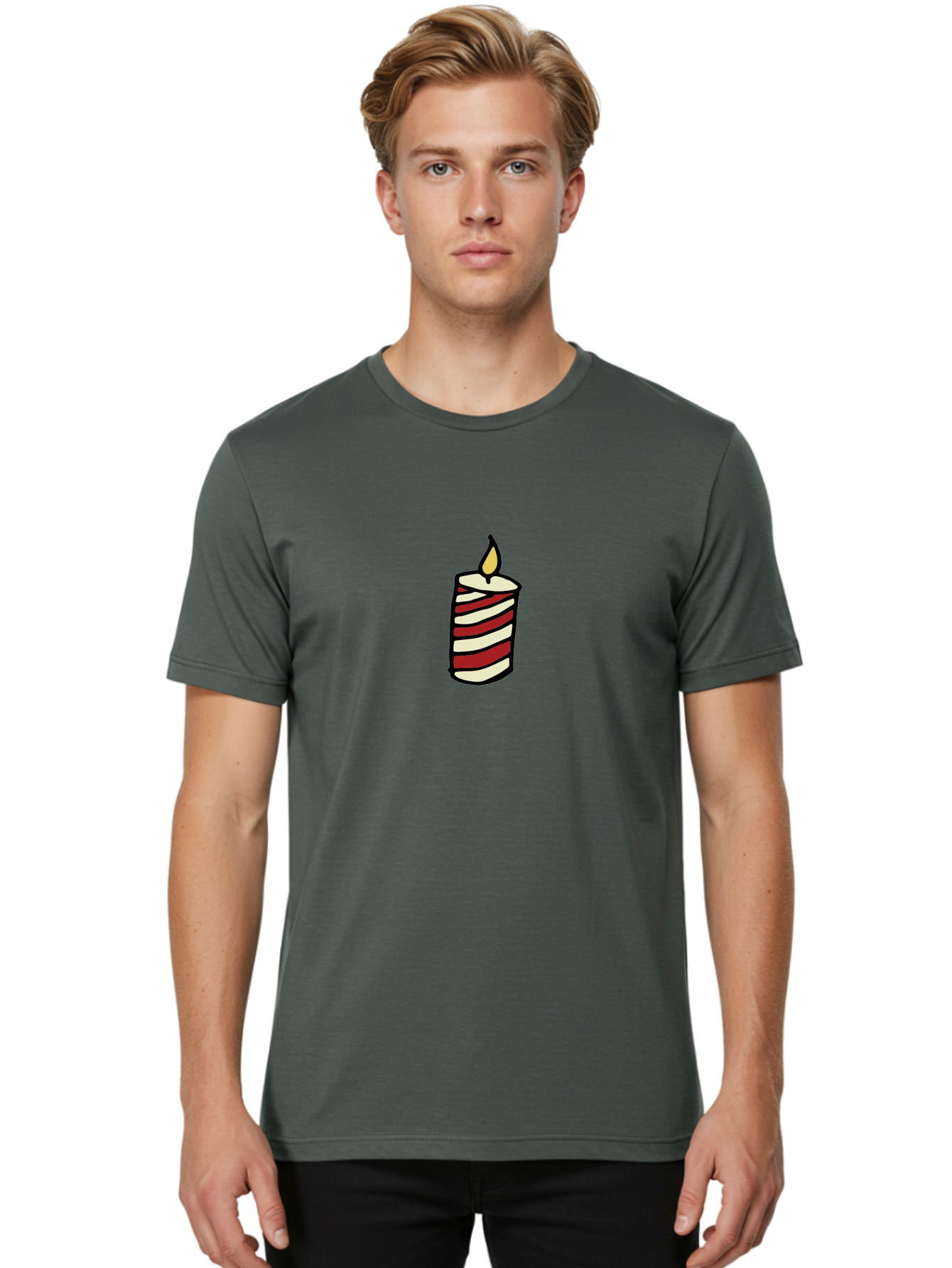 Candle Men'S Graphic Tee, 100% Cotton, Comfortable Casual Summer Wear, Machine Washable, Red And White Striped Candle, Lit Candle, Warm Ambiance, Relaxing Atmosphere, Peaceful Decor, Cozy Lighting, Simple Design -  Aaa778 4