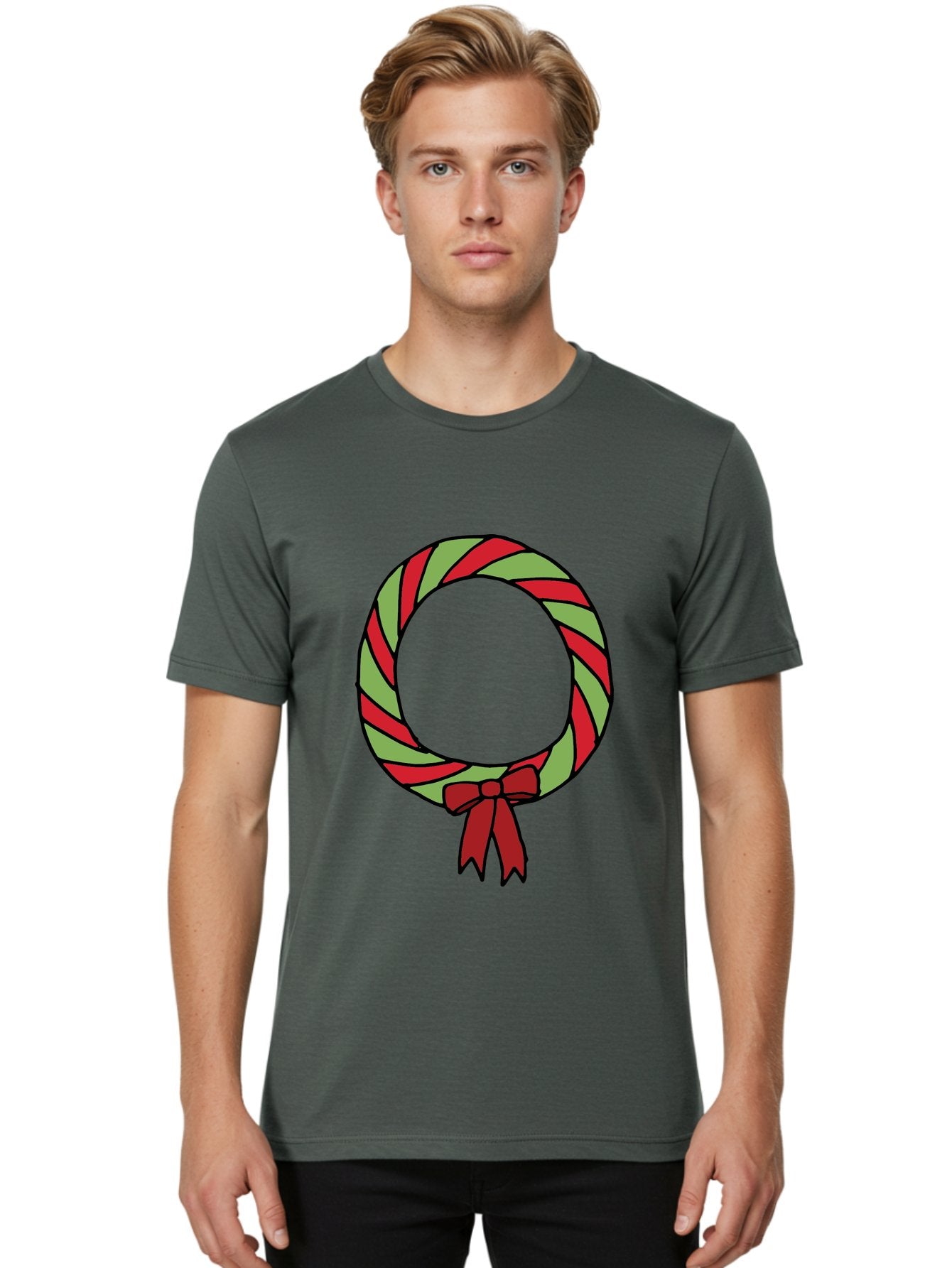 Candy-Cane-Wreath Men'S Graphic Tee, 100% Cotton, Comfortable Casual Summer Wear, Machine Washable, Candy Cane Wreath, Christmas Decoration, Red And Green Stripes, Festive Holiday Decor, Wrapped Candy Design, Ribbon Bow, Sweet Treat Theme, -  Aaa784 26
