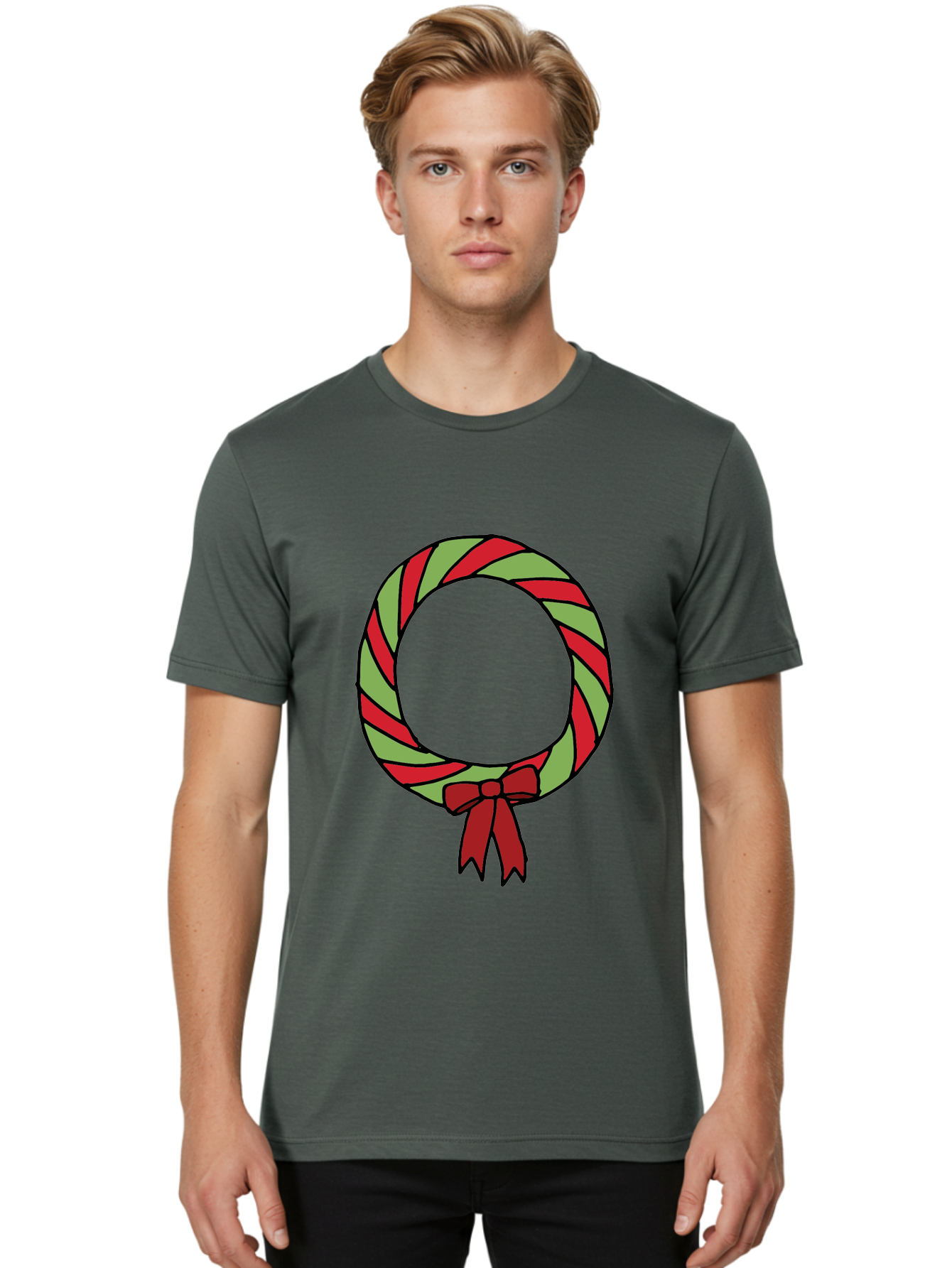 Candy-Cane-Wreath Men'S Graphic Tee, 100% Cotton, Comfortable Casual Summer Wear, Machine Washable, Candy Cane Wreath, Christmas Decoration, Red And Green Stripes, Festive Holiday Decor, Wrapped Candy Design, Ribbon Bow, Sweet Treat Theme, -  Aaa784 4