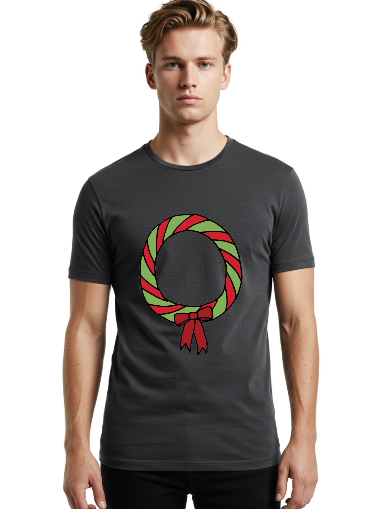 Candy-Cane-Wreath Men'S Graphic Tee, 100% Cotton, Comfortable Casual Summer Wear, Machine Washable, Candy Cane Wreath, Christmas Decoration, Red And Green Stripes, Festive Holiday Decor, Wrapped Candy Design, Ribbon Bow, Sweet Treat Theme, -  Aaa784 8