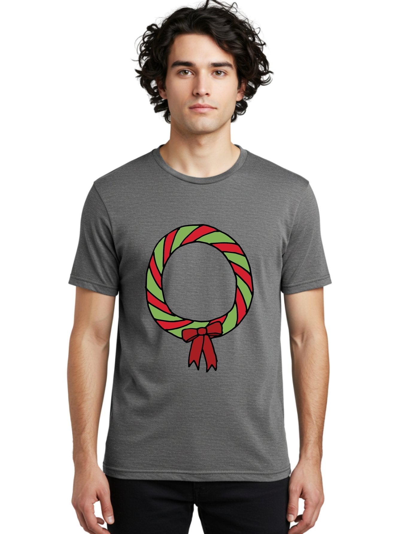 Candy-Cane-Wreath Men'S Graphic Tee, 100% Cotton, Comfortable Casual Summer Wear, Machine Washable, Candy Cane Wreath, Christmas Decoration, Red And Green Stripes, Festive Holiday Decor, Wrapped Candy Design, Ribbon Bow, Sweet Treat Theme, -  Aaa784 18
