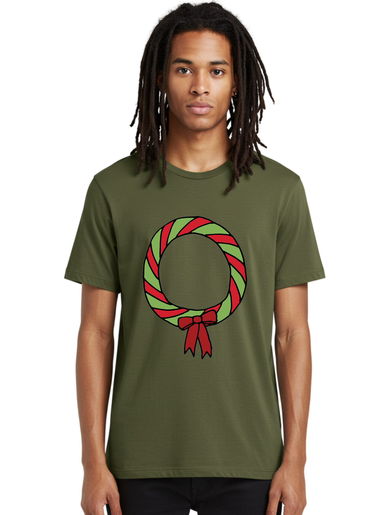 Candy-Cane-Wreath Men'S Graphic Tee, 100% Cotton, Comfortable Casual Summer Wear, Machine Washable, Candy Cane Wreath, Christmas Decoration, Red And Green Stripes, Festive Holiday Decor, Wrapped Candy Design, Ribbon Bow, Sweet Treat Theme, -  Aaa784 16