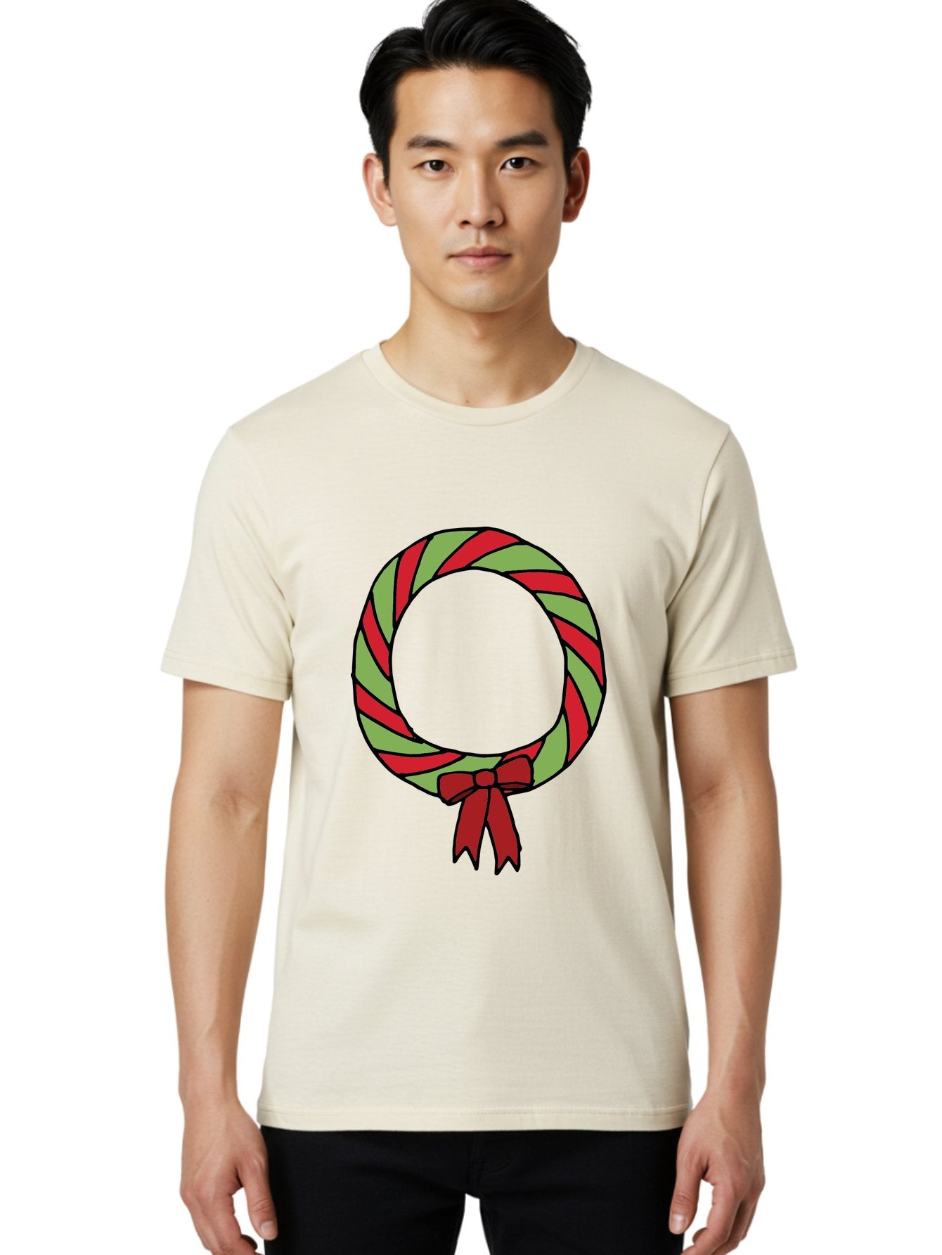 Candy-Cane-Wreath Men'S Graphic Tee, 100% Cotton, Comfortable Casual Summer Wear, Machine Washable, Candy Cane Wreath, Christmas Decoration, Red And Green Stripes, Festive Holiday Decor, Wrapped Candy Design, Ribbon Bow, Sweet Treat Theme, -  Aaa784 24