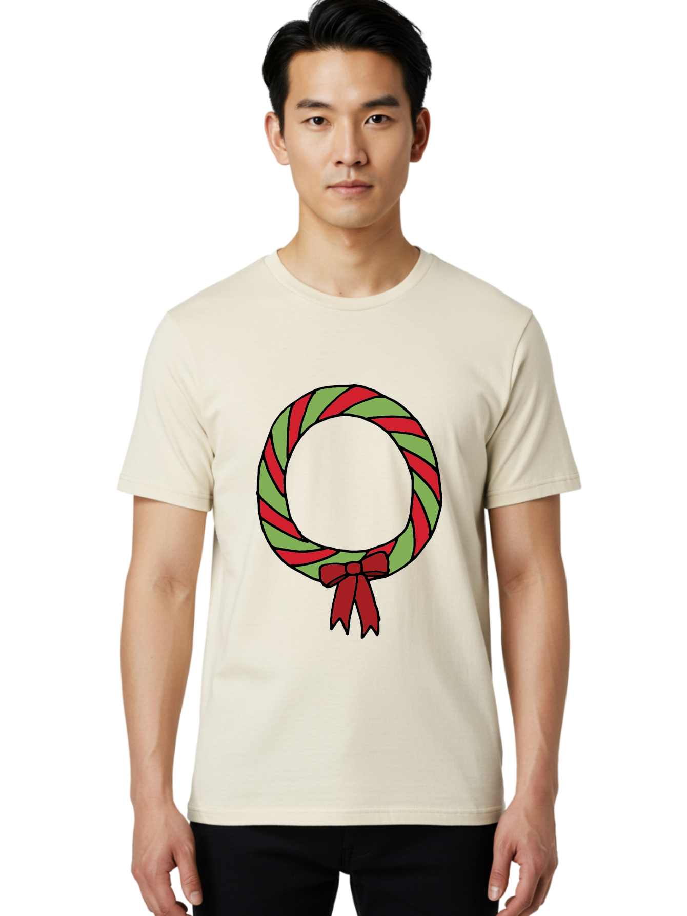 Candy-Cane-Wreath Men'S Graphic Tee, 100% Cotton, Comfortable Casual Summer Wear, Machine Washable, Candy Cane Wreath, Christmas Decoration, Red And Green Stripes, Festive Holiday Decor, Wrapped Candy Design, Ribbon Bow, Sweet Treat Theme, -  Aaa784 18