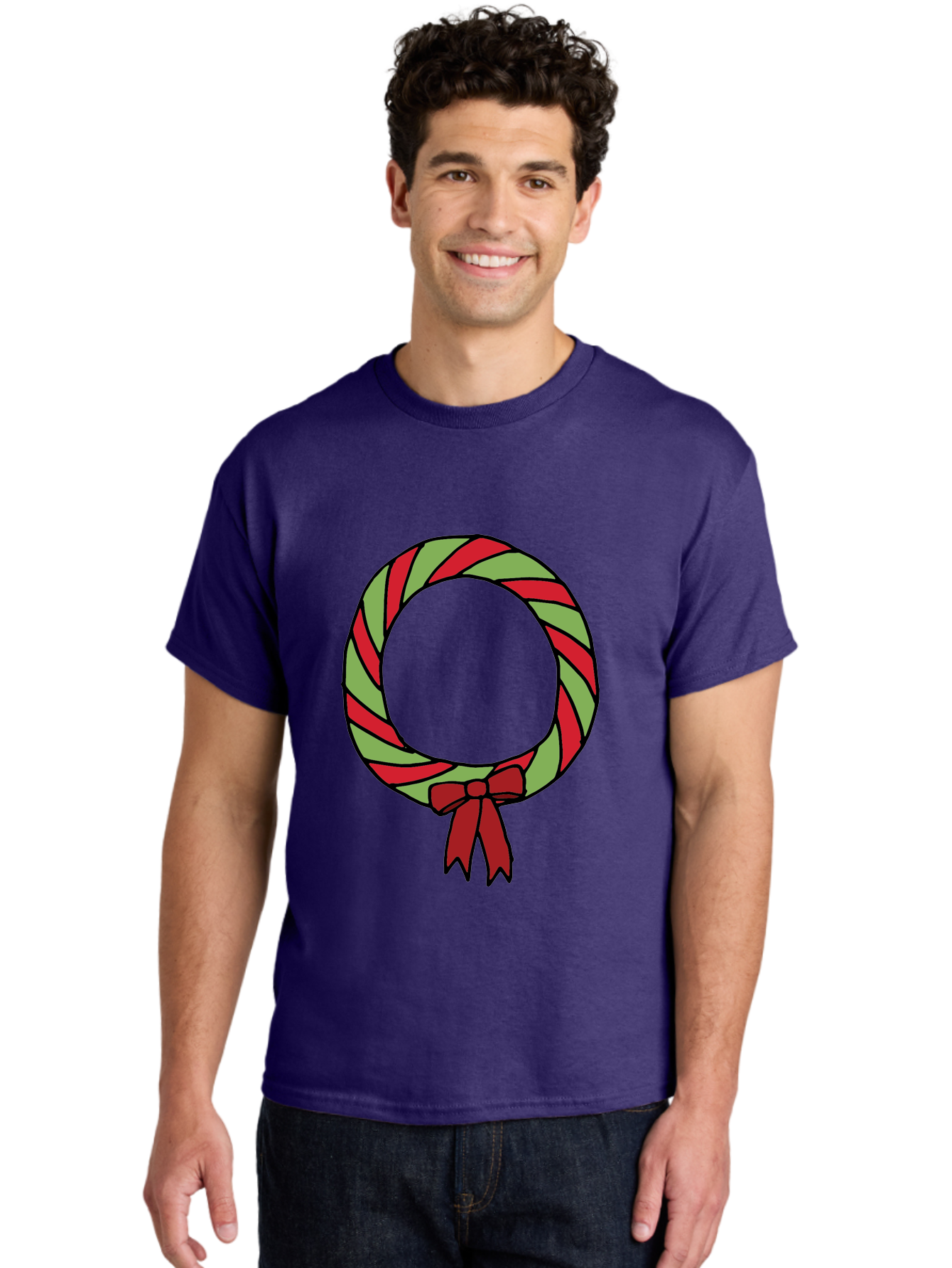 Candy-Cane-Wreath Men'S Graphic Tee, 100% Cotton, Comfortable Casual Summer Wear, Machine Washable, Candy Cane Wreath, Christmas Decoration, Red And Green Stripes, Festive Holiday Decor, Wrapped Candy Design, Ribbon Bow, Sweet Treat Theme, -  Aaa784 22