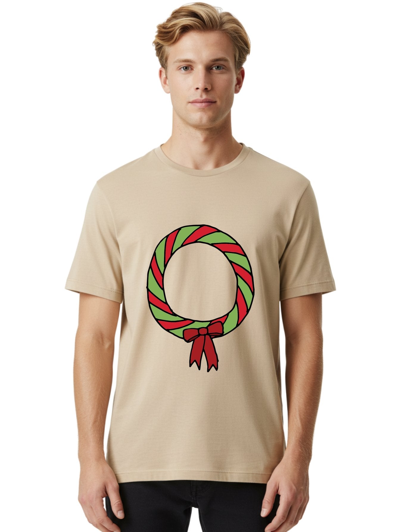 Candy-Cane-Wreath Men'S Graphic Tee, 100% Cotton, Comfortable Casual Summer Wear, Machine Washable, Candy Cane Wreath, Christmas Decoration, Red And Green Stripes, Festive Holiday Decor, Wrapped Candy Design, Ribbon Bow, Sweet Treat Theme, -  Aaa784 28