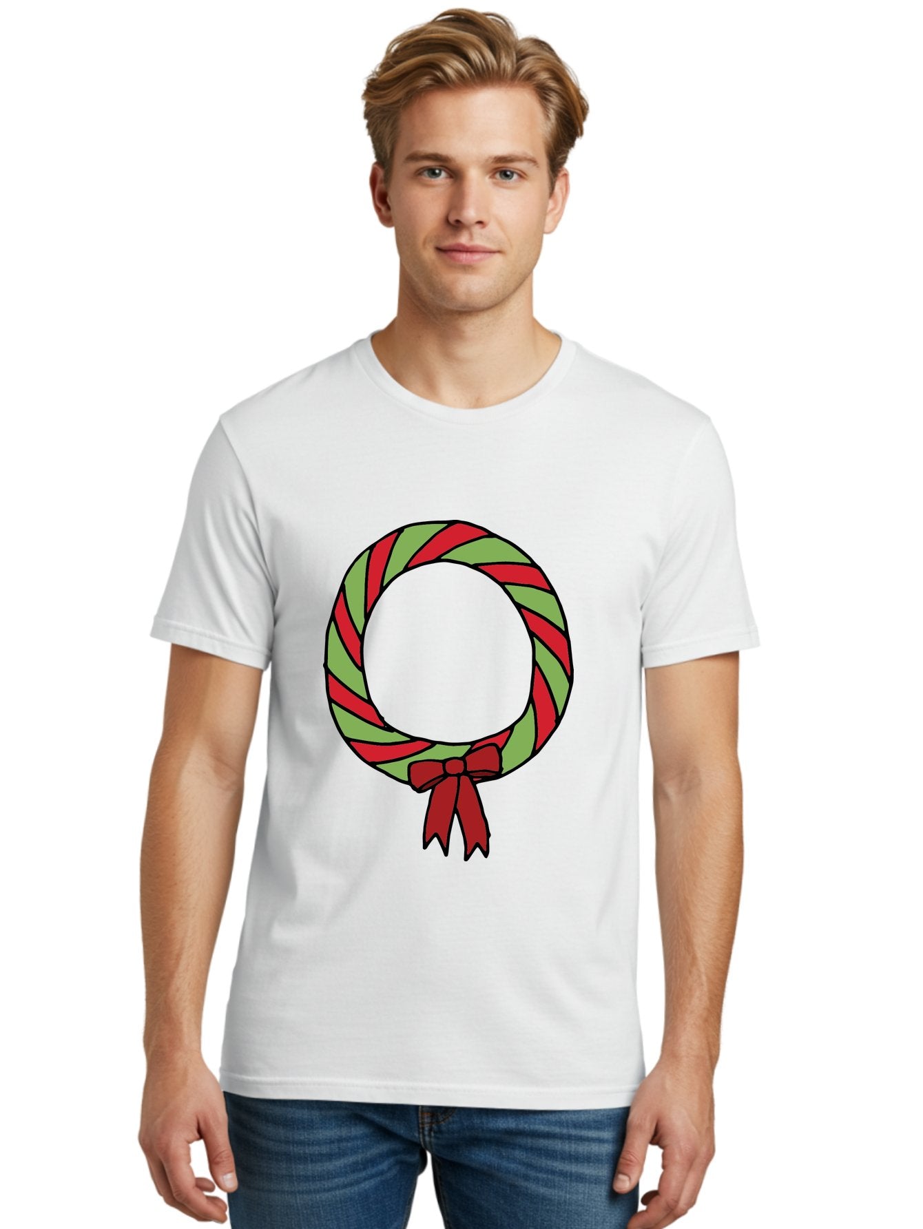 Candy-Cane-Wreath Men'S Graphic Tee, 100% Cotton, Comfortable Casual Summer Wear, Machine Washable, Candy Cane Wreath, Christmas Decoration, Red And Green Stripes, Festive Holiday Decor, Wrapped Candy Design, Ribbon Bow, Sweet Treat Theme, -  Aaa784 19