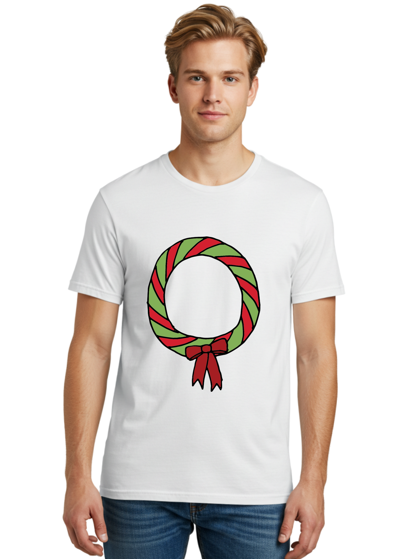 Candy-Cane-Wreath Men'S Graphic Tee, 100% Cotton, Comfortable Casual Summer Wear, Machine Washable, Candy Cane Wreath, Christmas Decoration, Red And Green Stripes, Festive Holiday Decor, Wrapped Candy Design, Ribbon Bow, Sweet Treat Theme, -  Aaa784 30