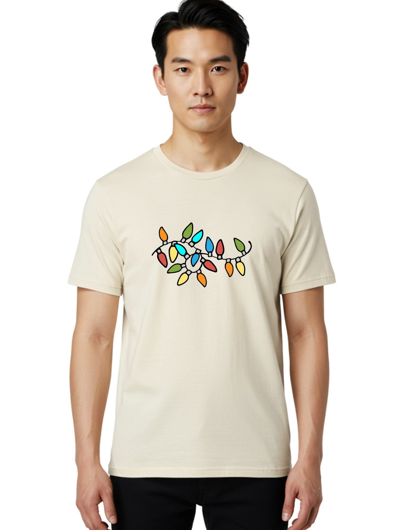 Christmas-Lights-1 Men'S Graphic Tee, 100% Cotton, Comfortable Casual Summer Wear, Machine Washable, Multicolored Christmas Lights, Festive Decorations, Holiday String Lights, Colorful Bulbs, Celebration Decoration, Party Lights -  Aaa807 6