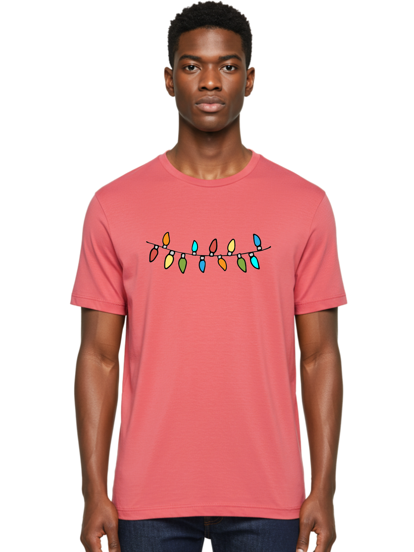 Christmas-Lights Men'S Graphic Tee, 100% Cotton, Comfortable Casual Summer Wear, Machine Washable, Christmas Lights, String Lights, Holiday Decorations, Festive Colors, Red, Orange, Yellow, Blue, Green, Celebration -  Aaa808 12