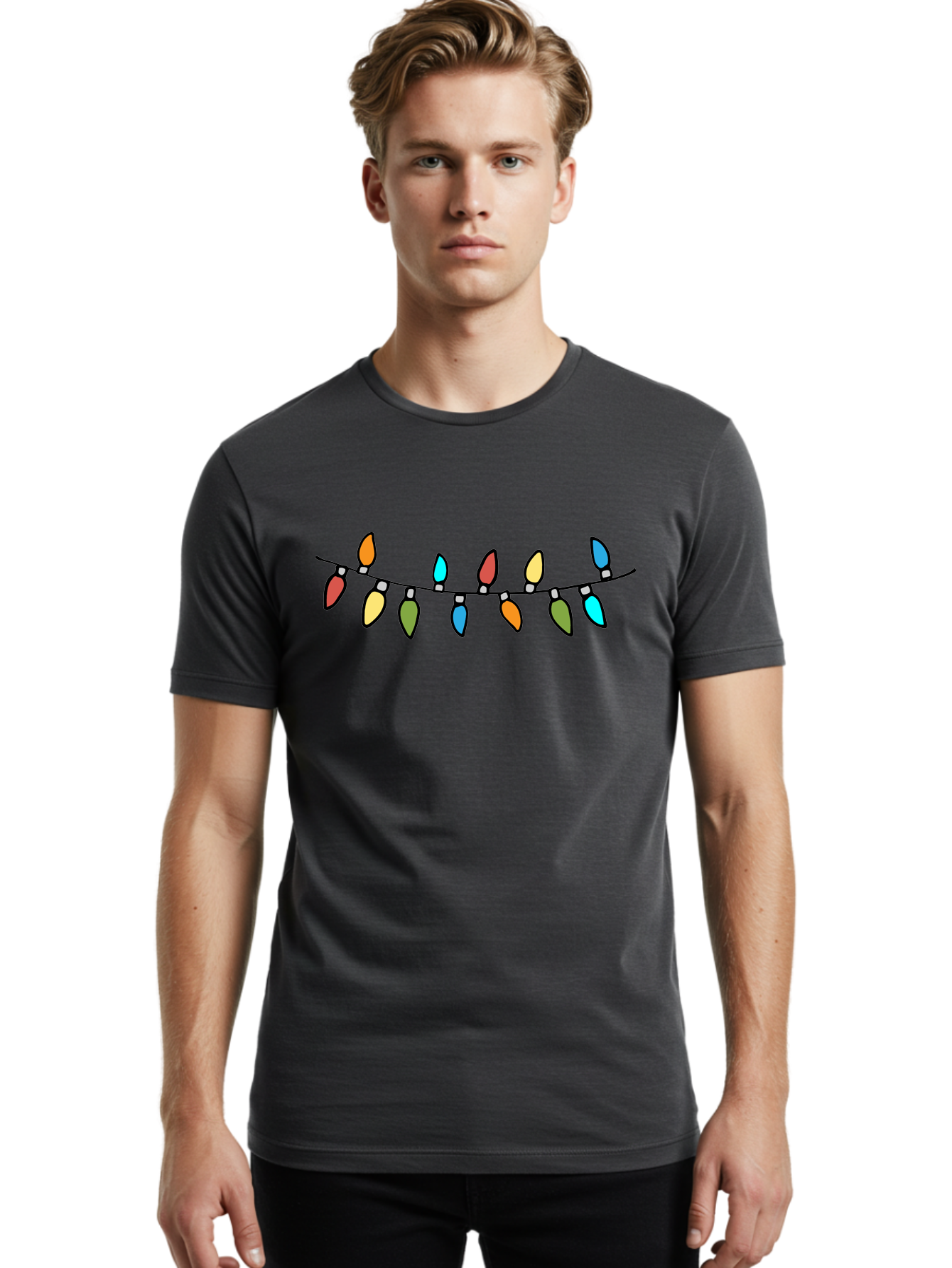 Christmas-Lights Men'S Graphic Tee, 100% Cotton, Comfortable Casual Summer Wear, Machine Washable, Christmas Lights, String Lights, Holiday Decorations, Festive Colors, Red, Orange, Yellow, Blue, Green, Celebration -  Aaa808 24