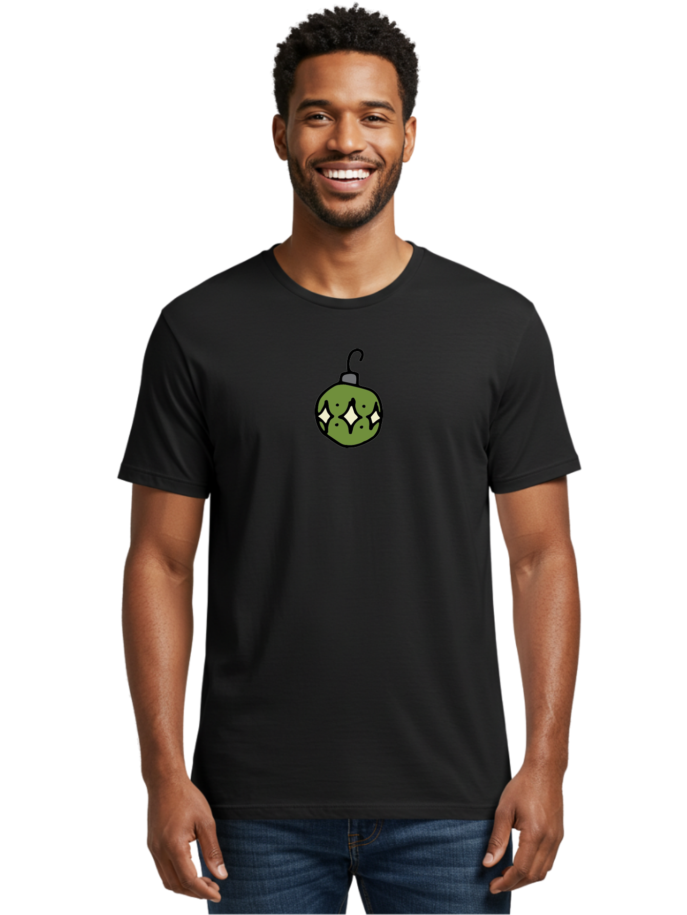 Christmas-Ornament-5 Men'S Graphic Tee, 100% Cotton, Comfortable Casual Summer Wear, Machine Washable, Christmas Decoration, Festive Symbol, Green Ornament, Hanging Decoration, Holiday Decor, Cartoon Style, White Diamonds, Black Outline, -  Aaa813