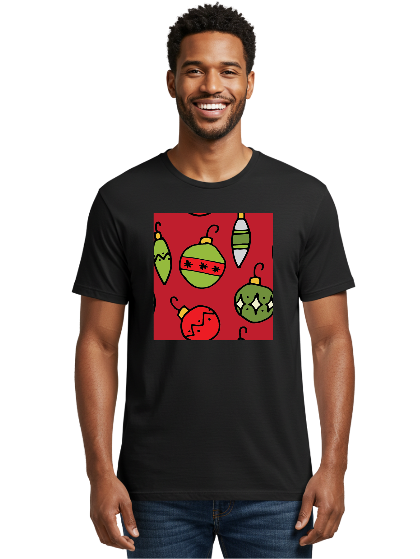 Christmas-Ornaments Men'S Graphic Tee, 100% Cotton, Comfortable Casual Summer Wear, Machine Washable, Christmas Decorations, Festive Ornaments, Holiday Baubles, Red And Green Theme, Cartoon Style, Winter Wonderland, Seasonal Decor, -  Aaa817