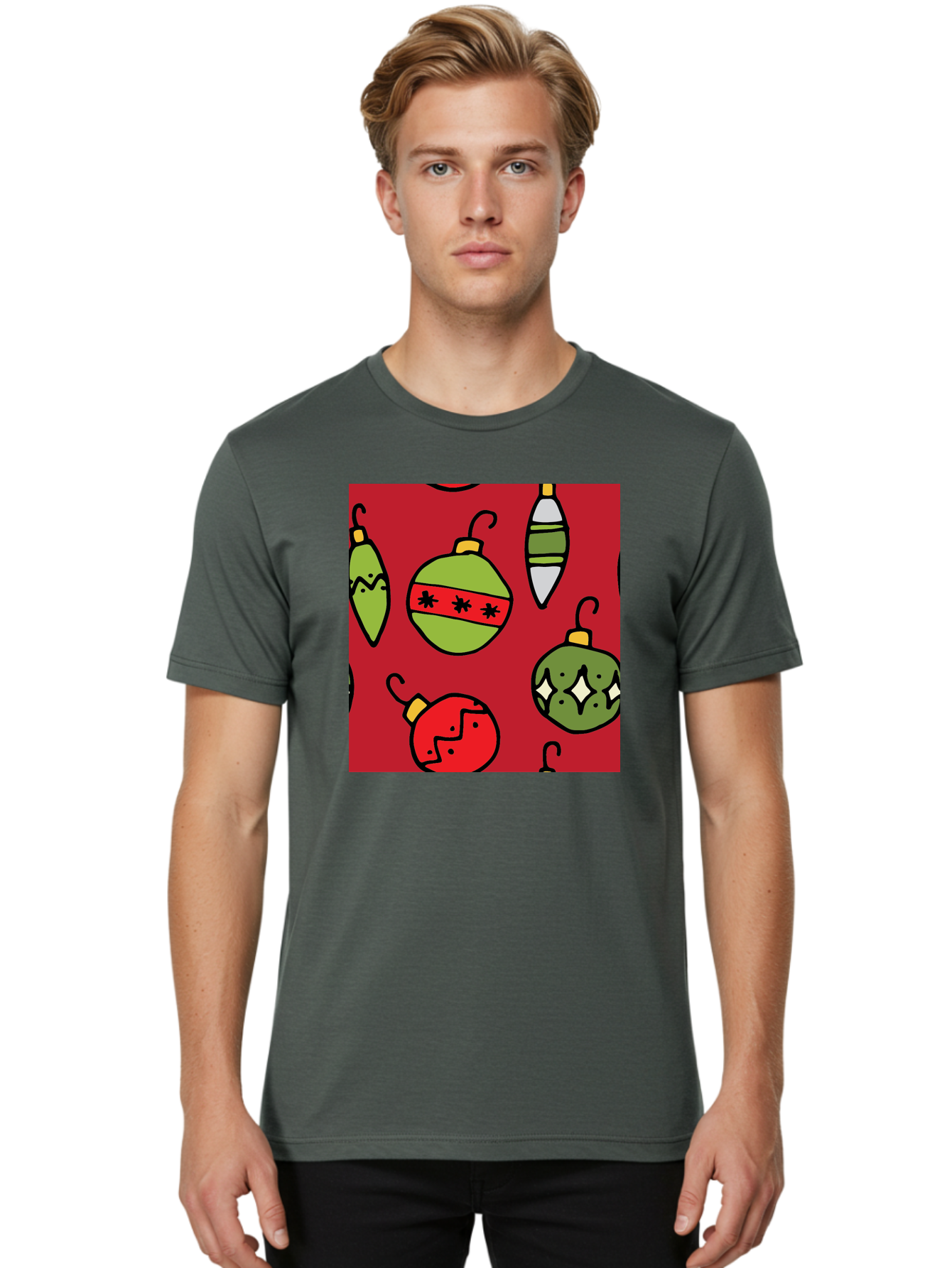Christmas-Ornaments Men'S Graphic Tee, 100% Cotton, Comfortable Casual Summer Wear, Machine Washable, Christmas Decorations, Festive Ornaments, Holiday Baubles, Red And Green Theme, Cartoon Style, Winter Wonderland, Seasonal Decor, -  Aaa817 22