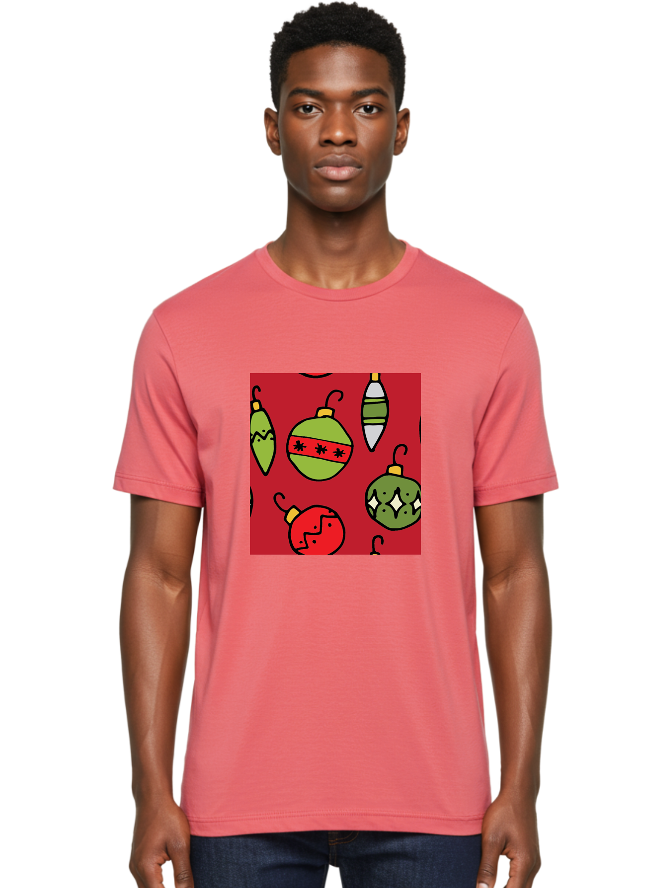 Christmas-Ornaments Men'S Graphic Tee, 100% Cotton, Comfortable Casual Summer Wear, Machine Washable, Christmas Decorations, Festive Ornaments, Holiday Baubles, Red And Green Theme, Cartoon Style, Winter Wonderland, Seasonal Decor, -  Aaa817