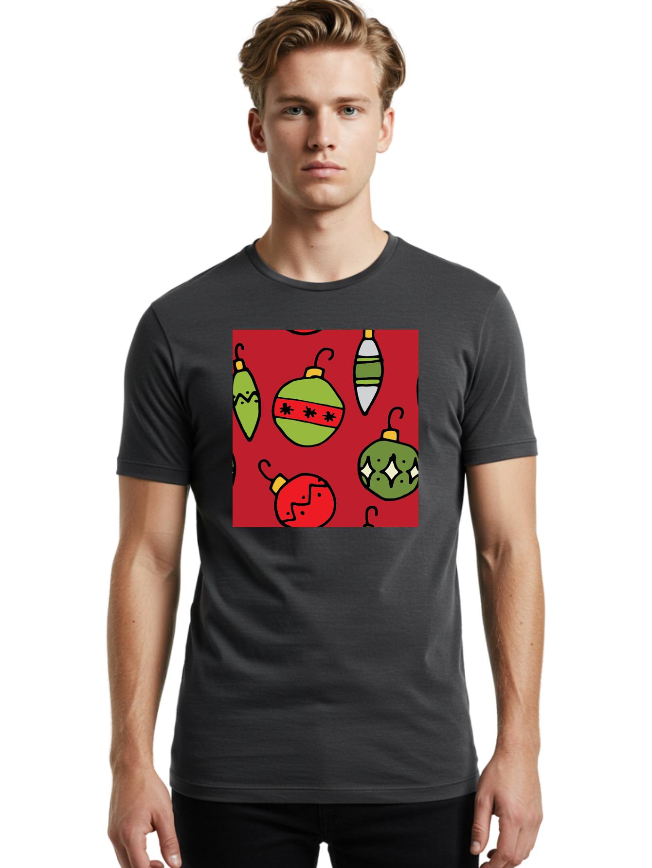 Christmas-Ornaments Men'S Graphic Tee, 100% Cotton, Comfortable Casual Summer Wear, Machine Washable, Christmas Decorations, Festive Ornaments, Holiday Baubles, Red And Green Theme, Cartoon Style, Winter Wonderland, Seasonal Decor, -  Aaa817 16