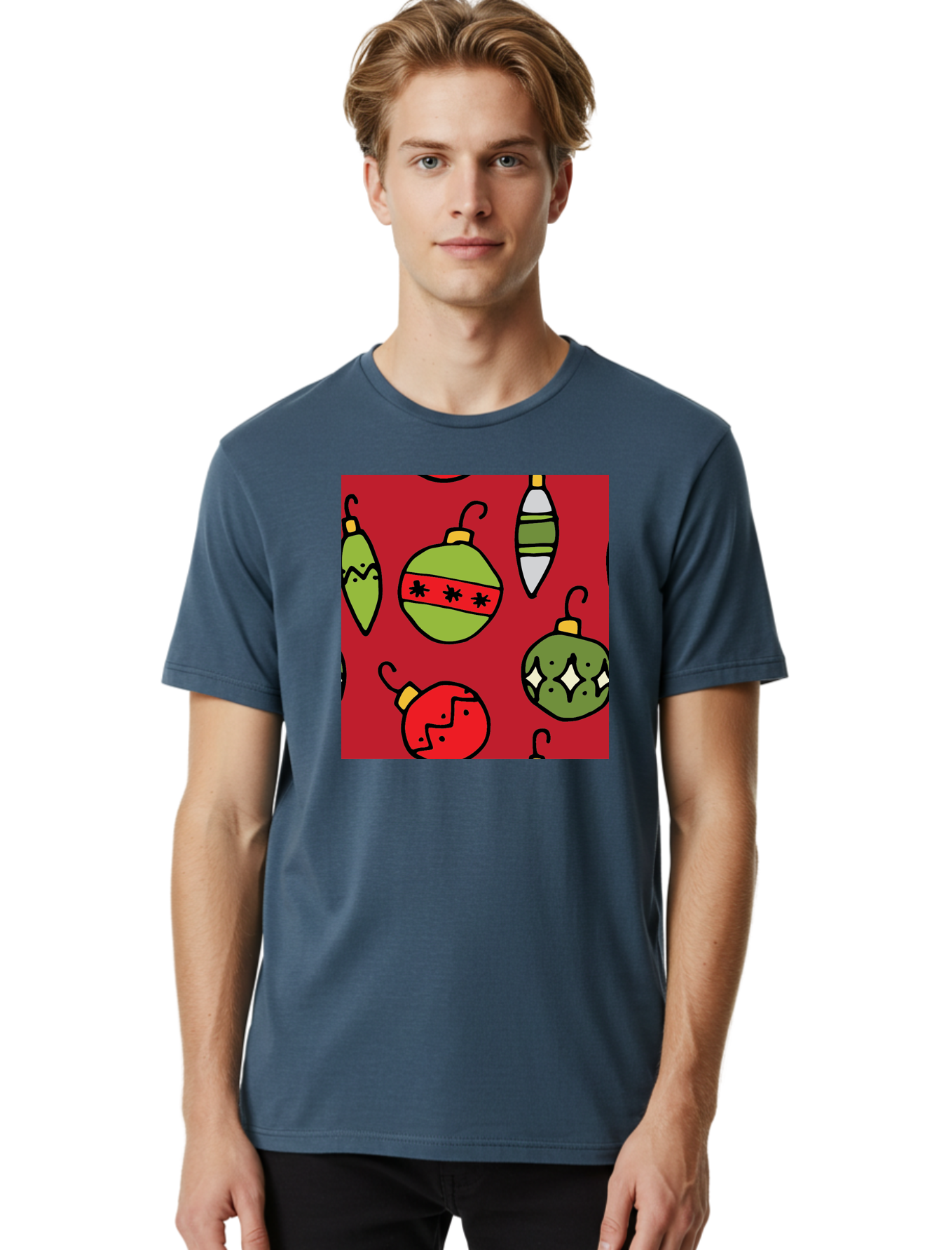 Christmas-Ornaments Men'S Graphic Tee, 100% Cotton, Comfortable Casual Summer Wear, Machine Washable, Christmas Decorations, Festive Ornaments, Holiday Baubles, Red And Green Theme, Cartoon Style, Winter Wonderland, Seasonal Decor, -  Aaa817 26