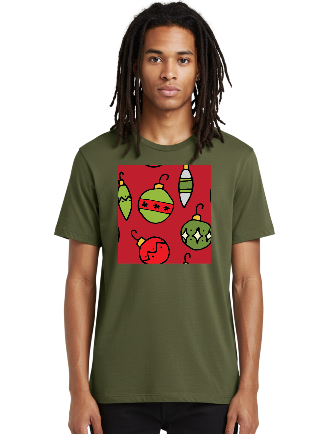 Christmas-Ornaments Men'S Graphic Tee, 100% Cotton, Comfortable Casual Summer Wear, Machine Washable, Christmas Decorations, Festive Ornaments, Holiday Baubles, Red And Green Theme, Cartoon Style, Winter Wonderland, Seasonal Decor, -  Aaa817 28