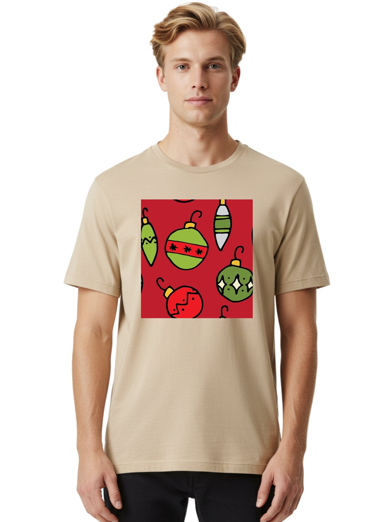 Christmas-Ornaments Men'S Graphic Tee, 100% Cotton, Comfortable Casual Summer Wear, Machine Washable, Christmas Decorations, Festive Ornaments, Holiday Baubles, Red And Green Theme, Cartoon Style, Winter Wonderland, Seasonal Decor, -  Aaa817 16